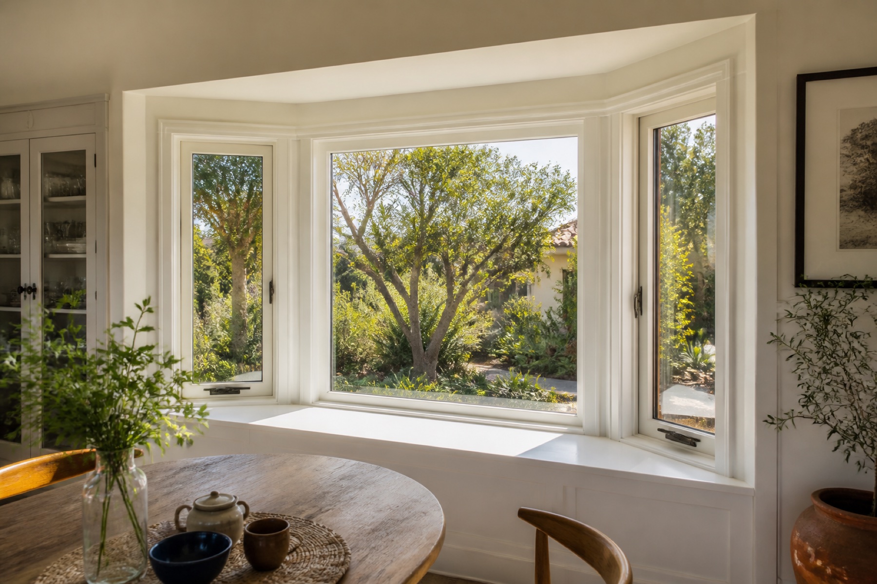 Three-section white bay window with a deep ledge in a Los Angeles breakfast nook