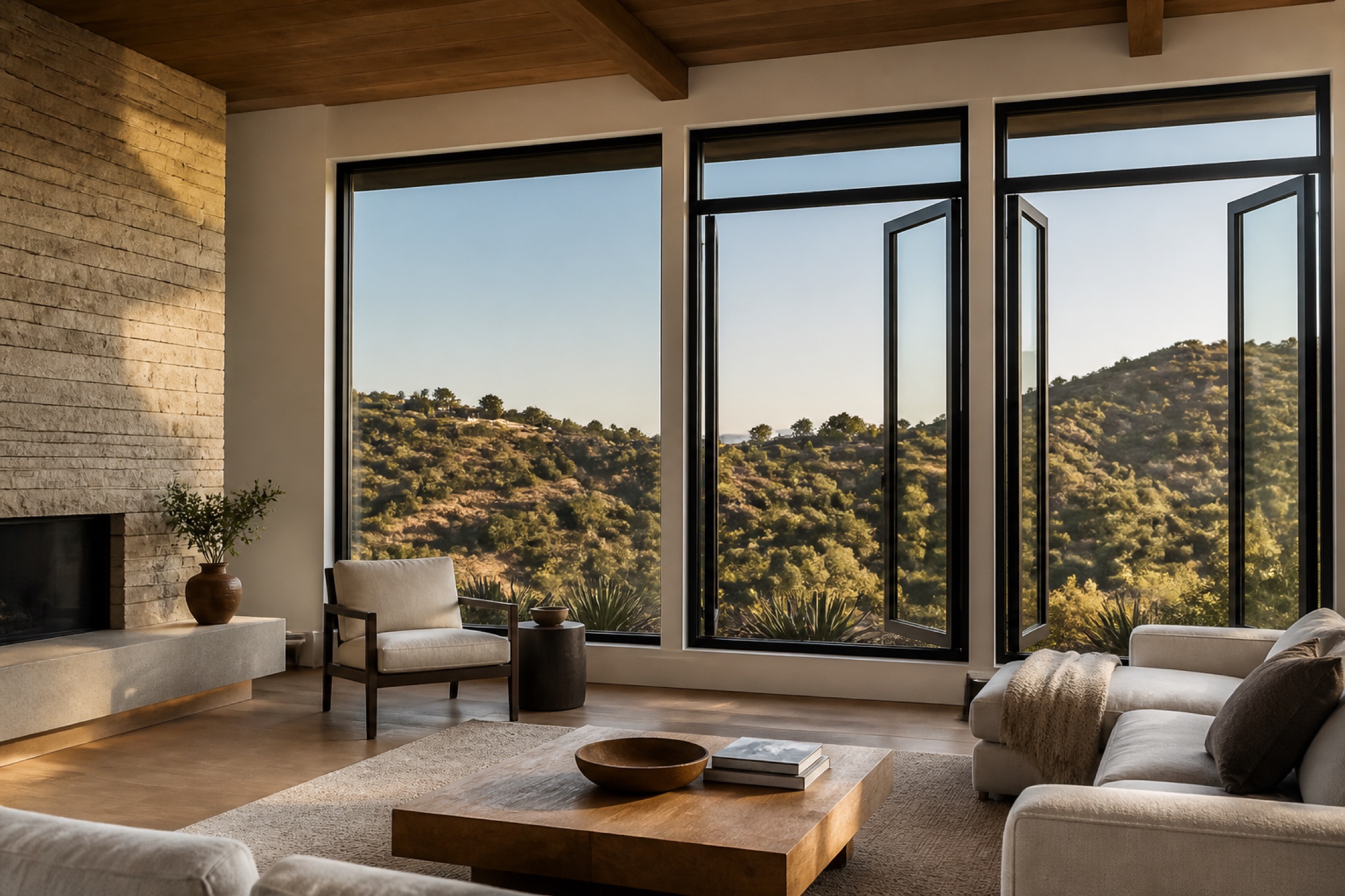 Warm Los Angeles living room with operable windows framing a canyon view