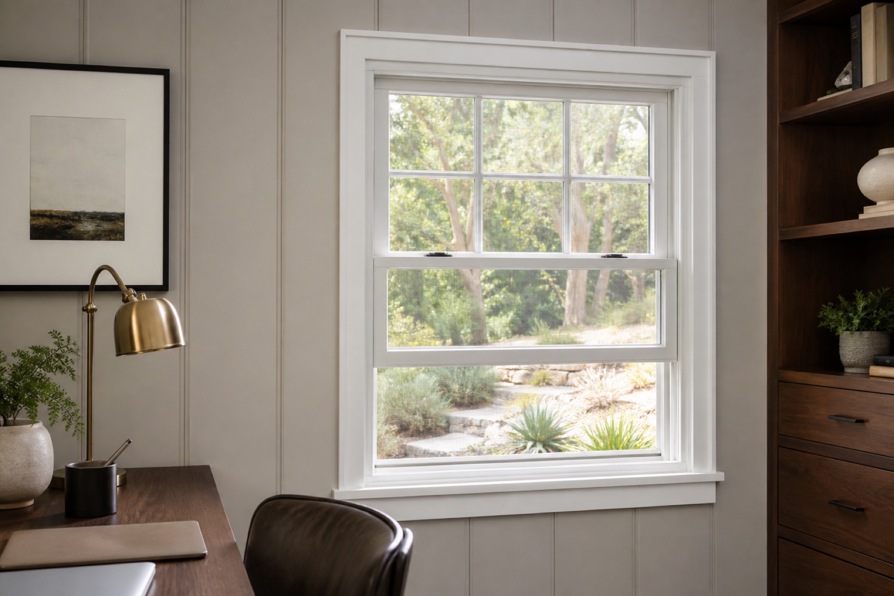 White double-hung office window showing two aligned operable sashes