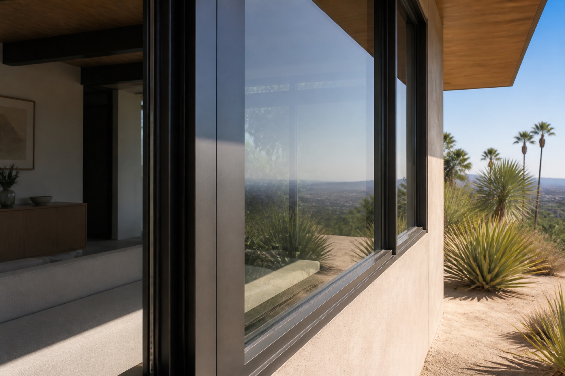 Insulated window glass reflecting strong Los Angeles sun while the interior remains shaded