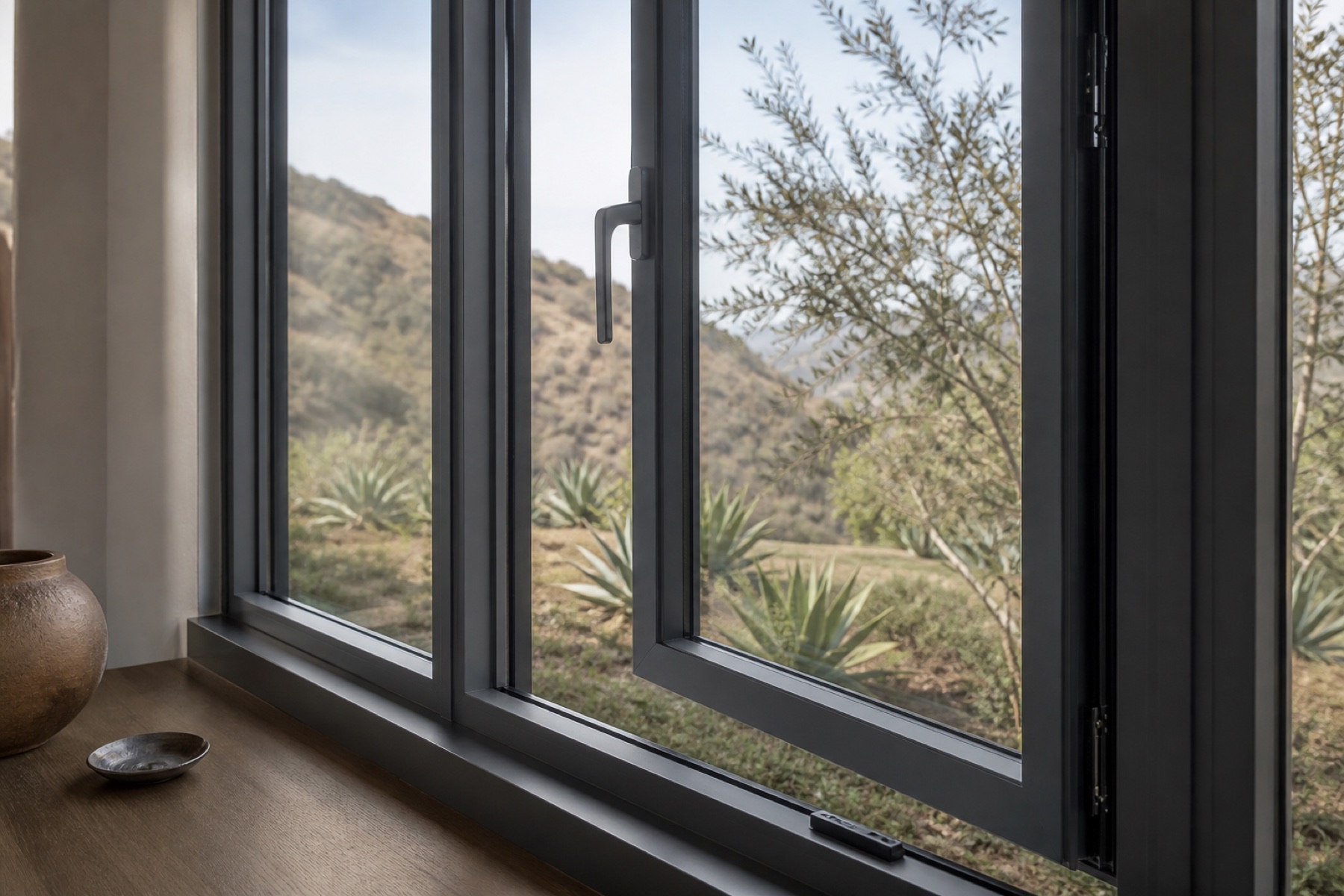 Close view of charcoal fiberglass casement frames and hardware facing a dry Los Angeles hillside