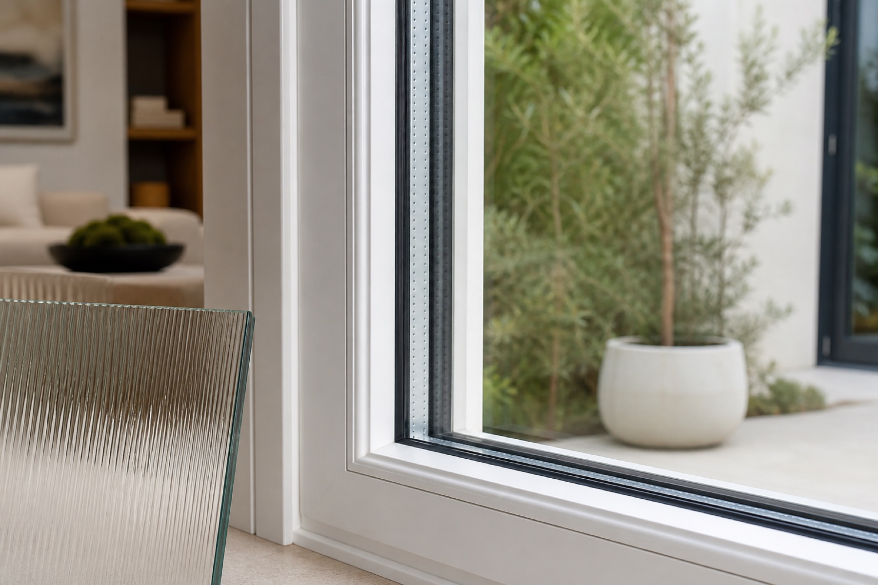 Close view of insulated window glass and a separate privacy-glass sample