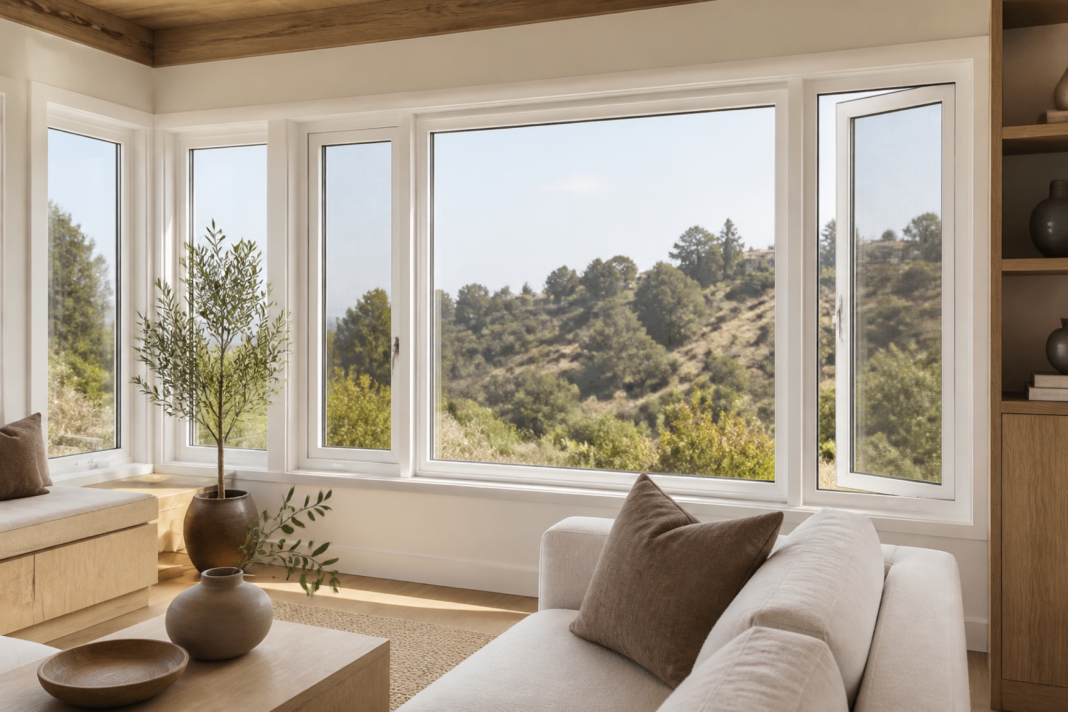 Los Angeles living room with white vinyl picture and casement windows