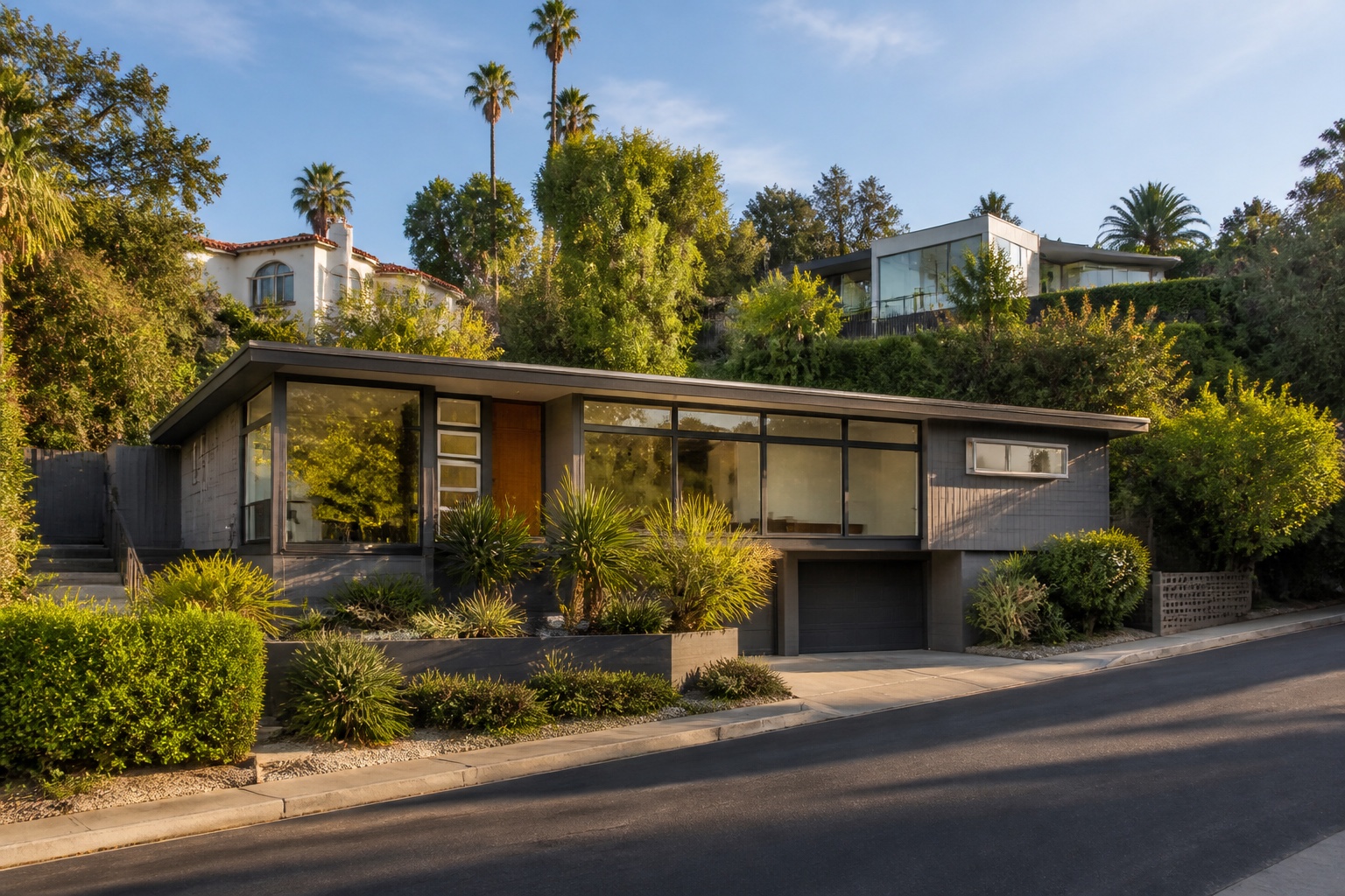 Sloped Los Angeles street with midcentury, Spanish, and modern homes showing varied window conditions