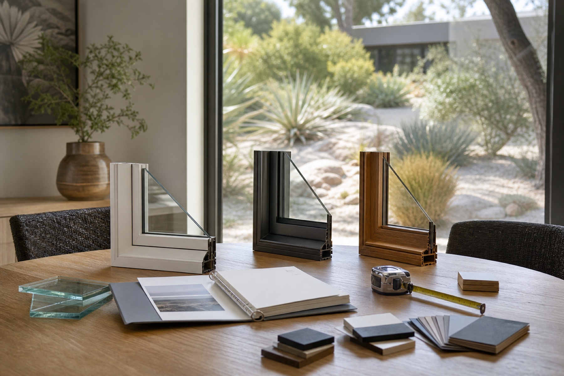 Window frame, glass, and finish samples arranged for comparison beside a Los Angeles home window