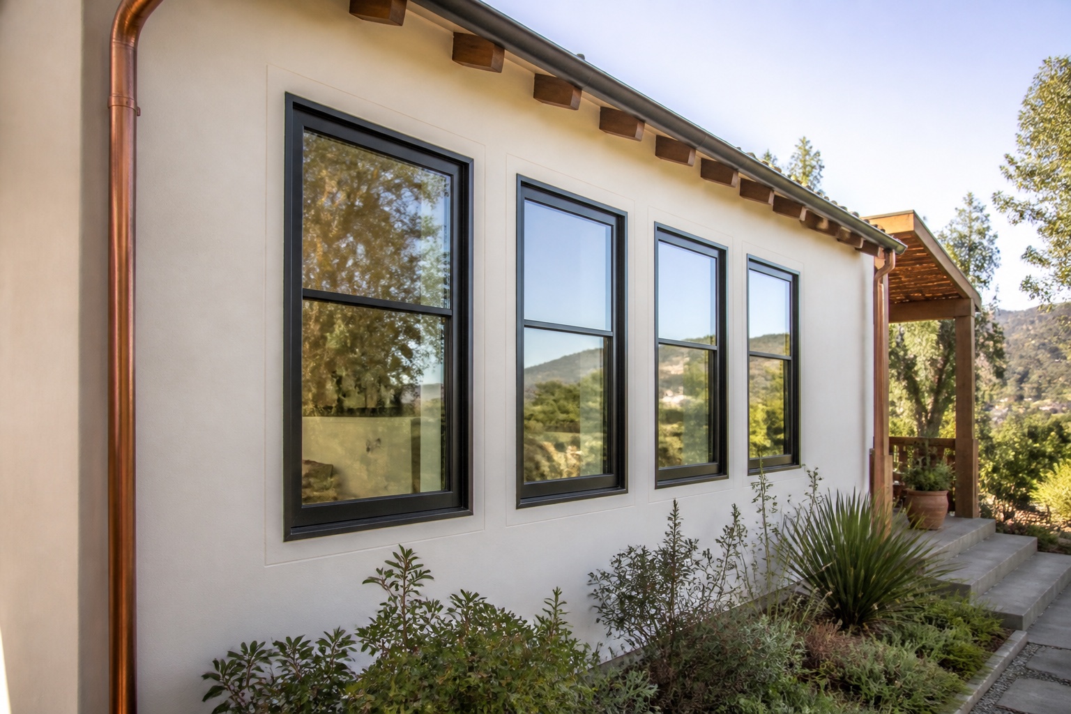 Aligned replacement windows with consistent trim on a Los Angeles hillside home