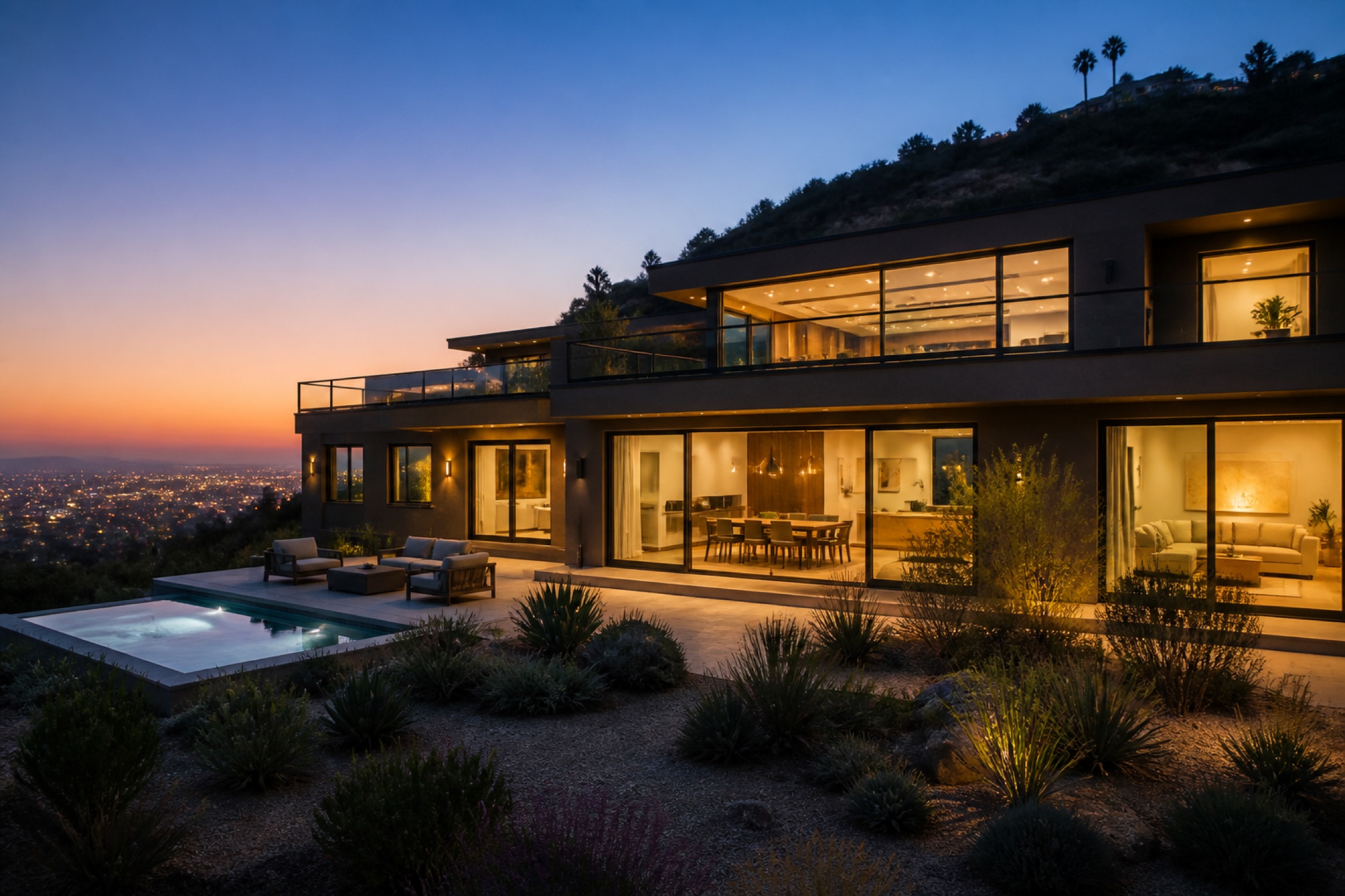Los Angeles hillside home with illuminated windows and sliding doors at twilight
