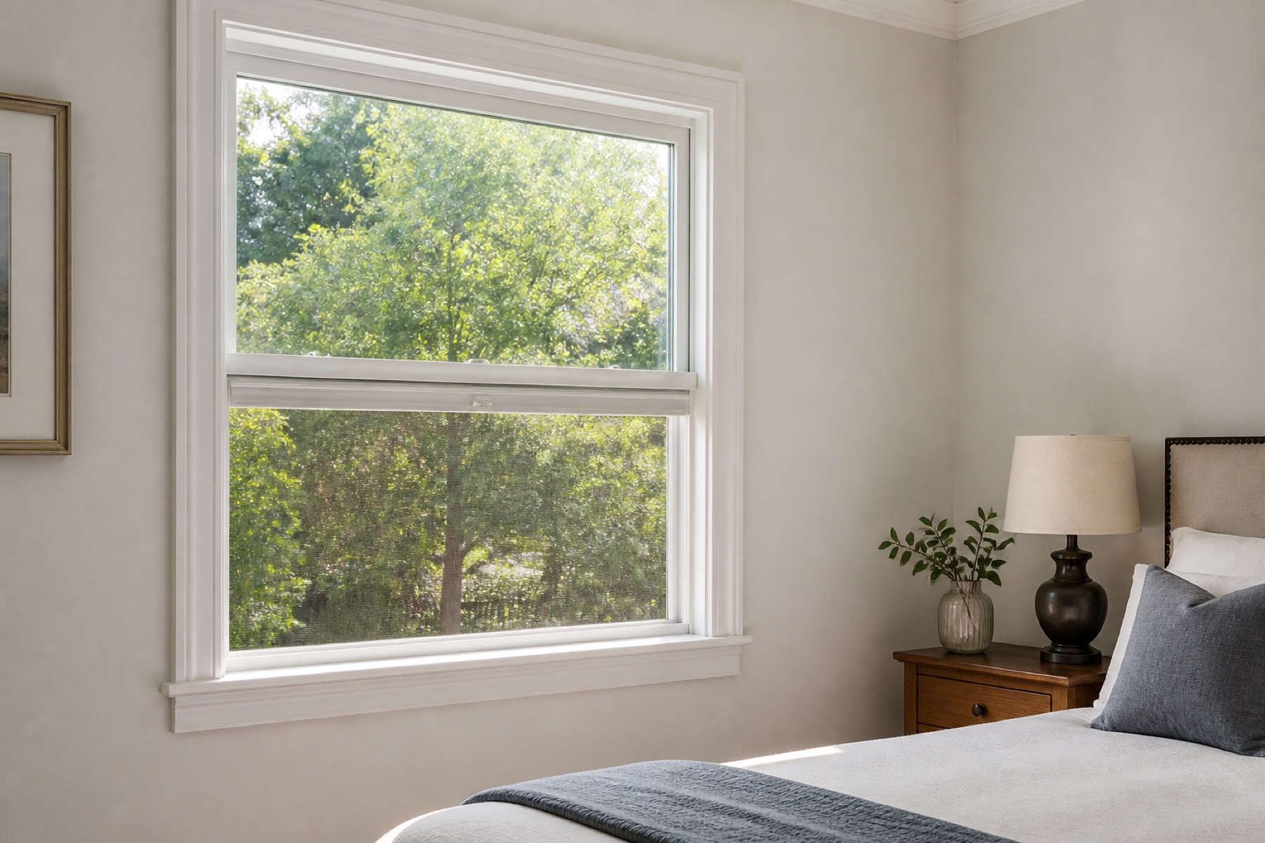White single-hung bedroom window with its lower sash raised