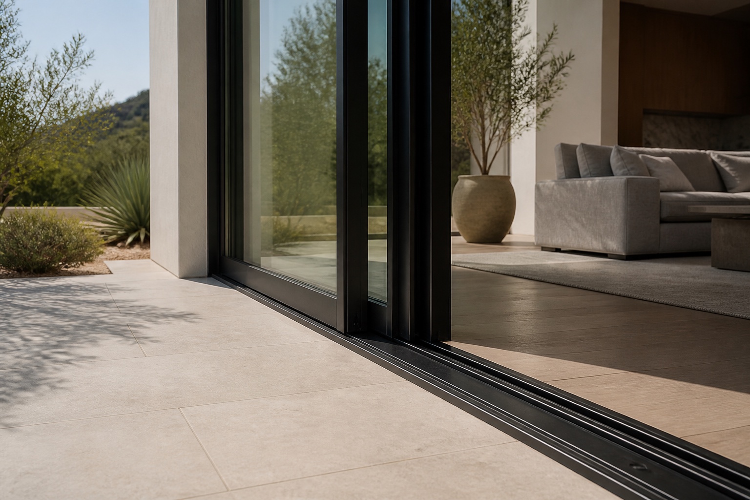 Finished Los Angeles sliding-door opening with aligned panels, a low track, and a clean terrace transition