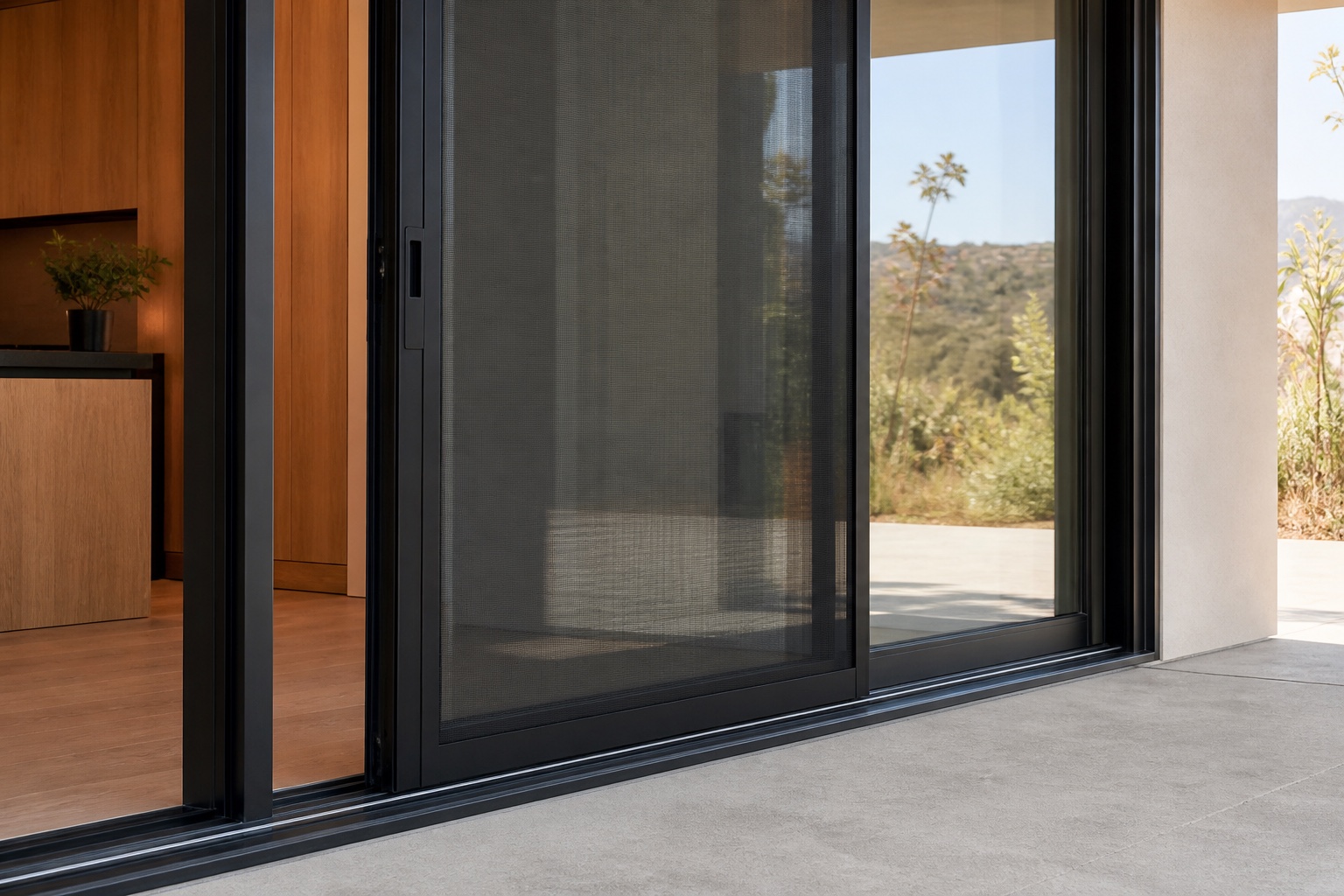 Close view of black sliding-door panels, screen, recessed handle, and track in a Los Angeles home