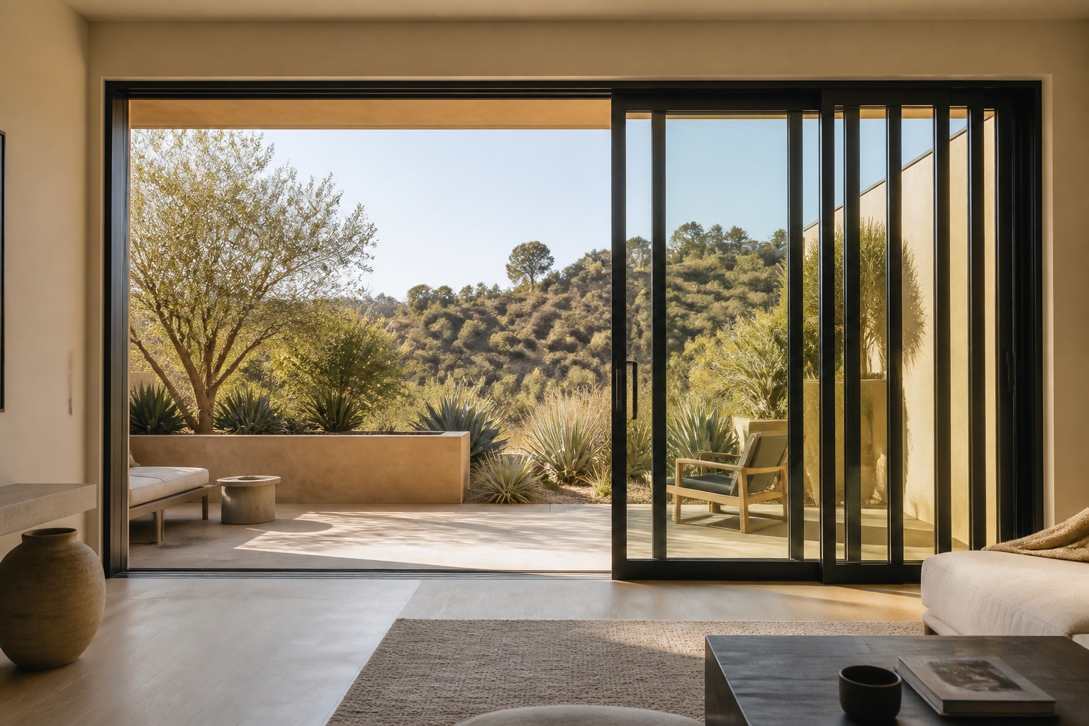 Open multi-panel sliding glass doors connecting a Los Angeles hillside living room to a terrace