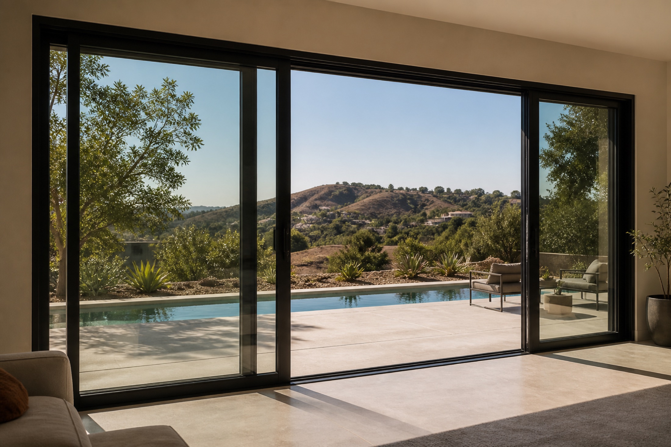 Open black-framed sliding glass doors connecting a Los Angeles home to a pool terrace