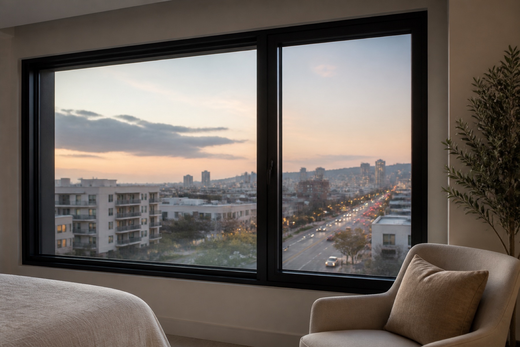 Substantial closed bedroom windows overlooking a softly focused Los Angeles boulevard