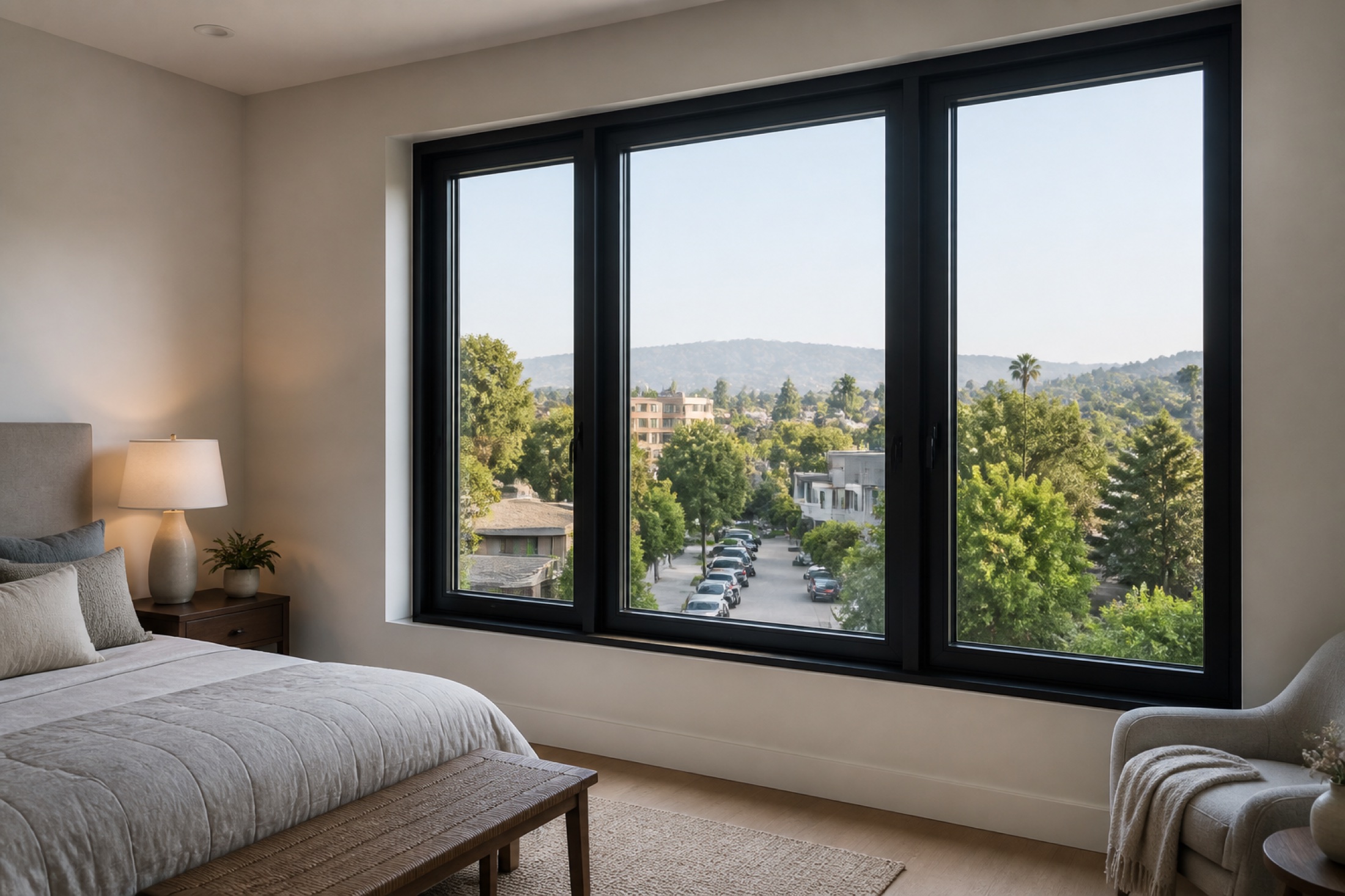 Quiet Los Angeles bedroom with substantial closed window assemblies