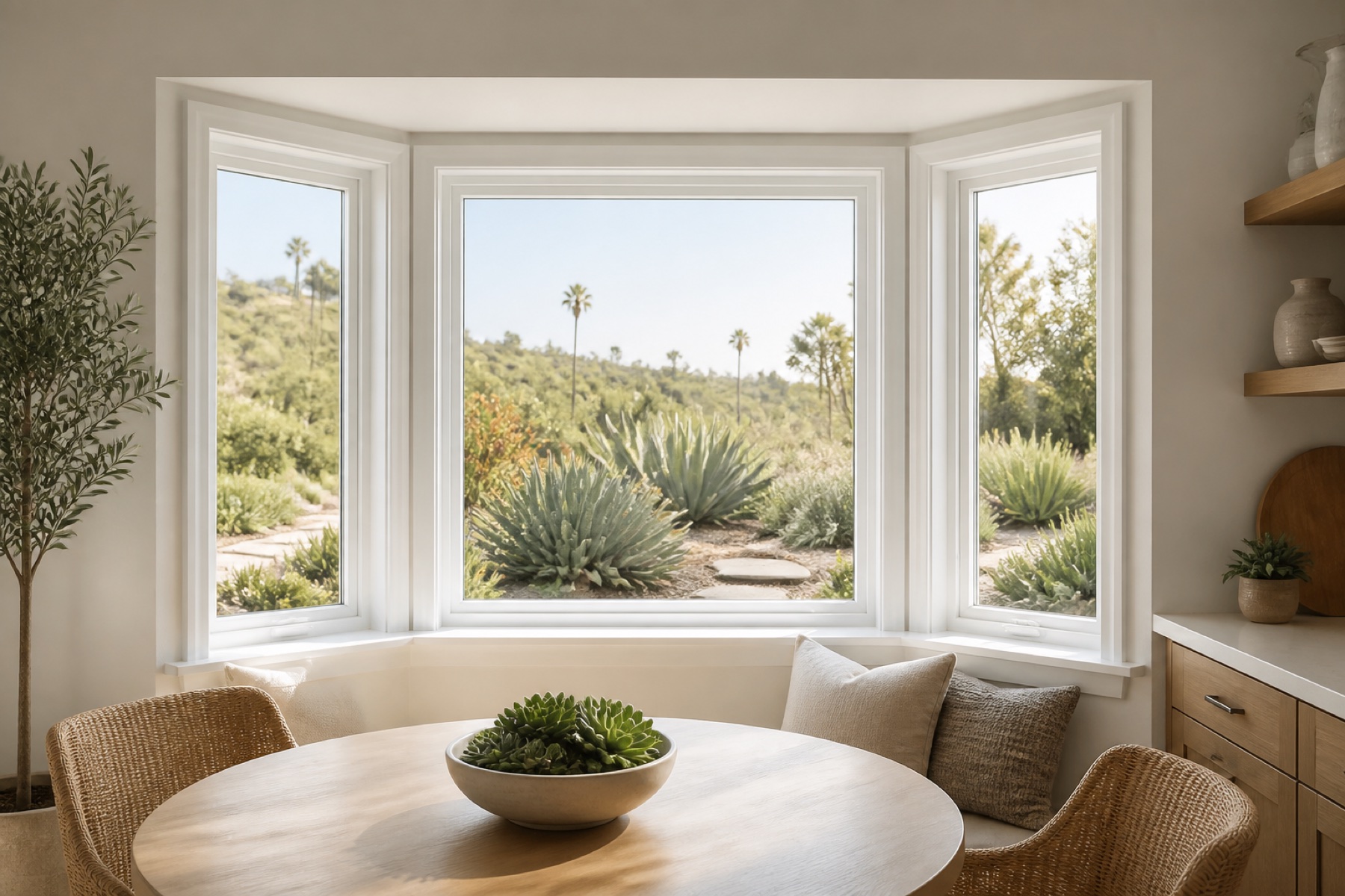 Three-section white vinyl bay window in a breakfast nook