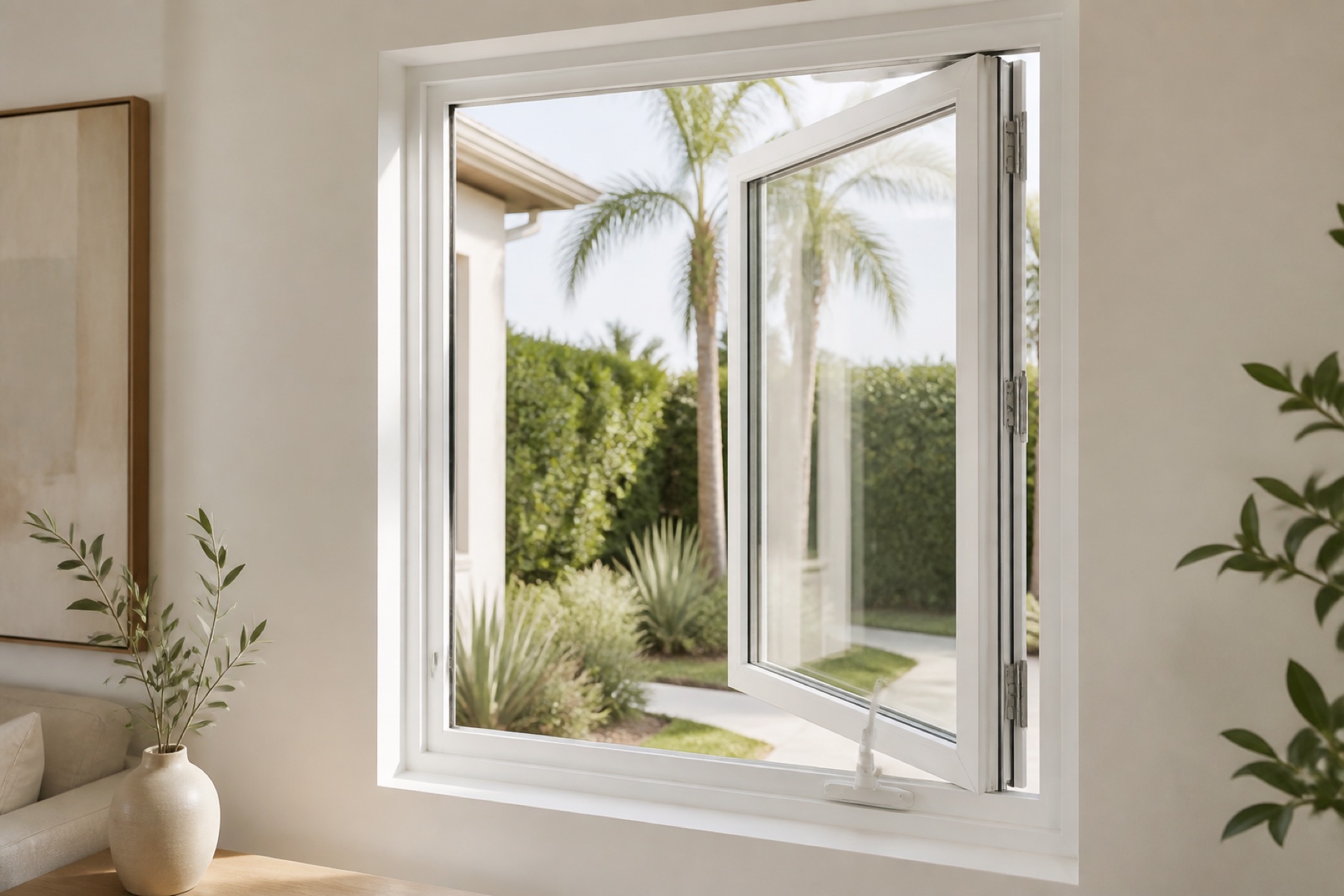 White vinyl casement window open outward in a Los Angeles home