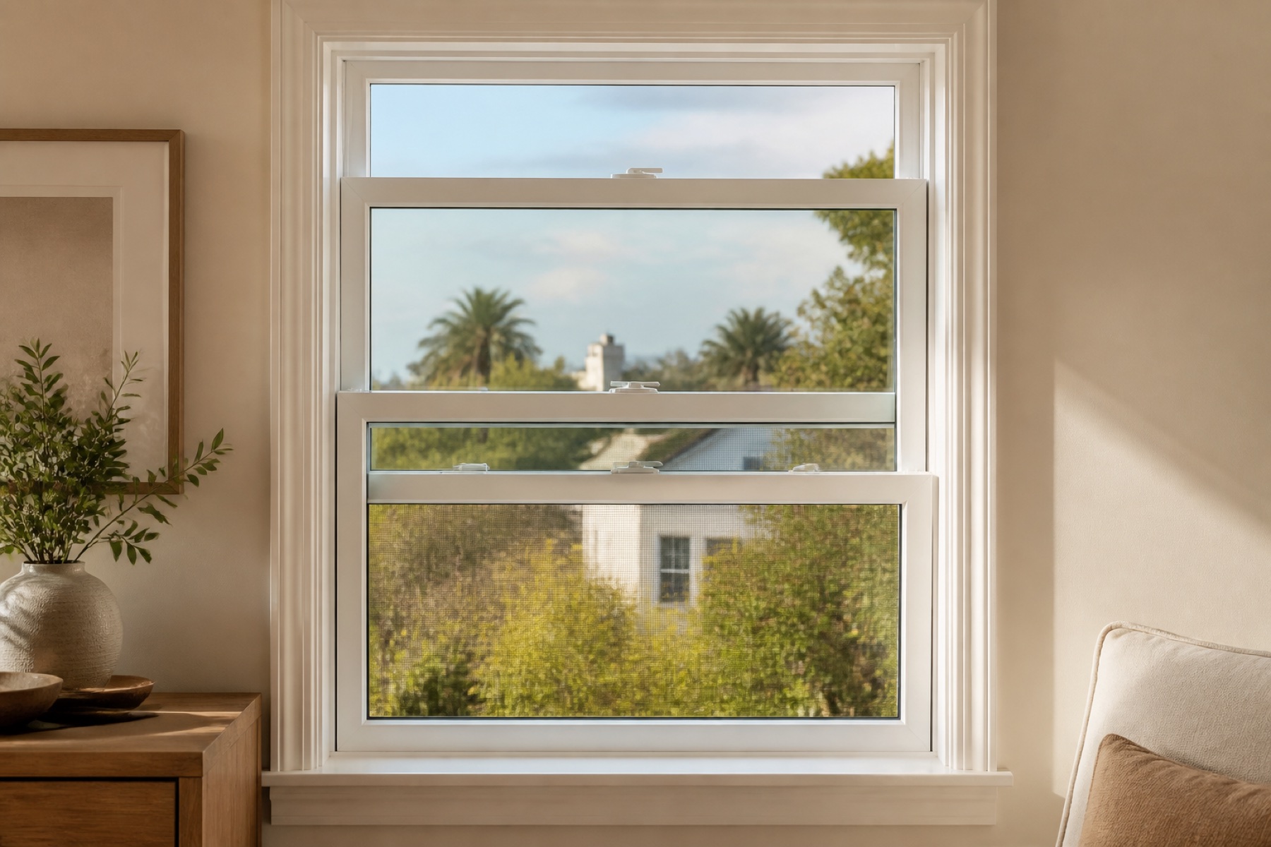 White vinyl double-hung window with two operable sashes