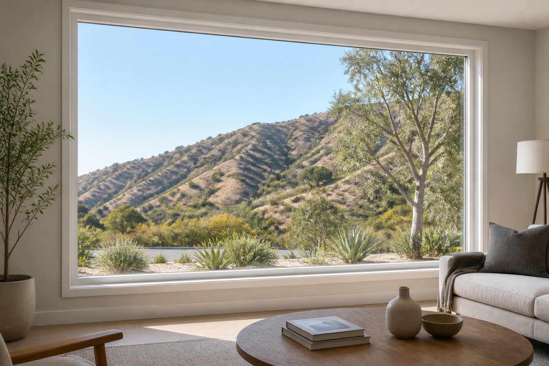 Large fixed white vinyl picture window framing a canyon view