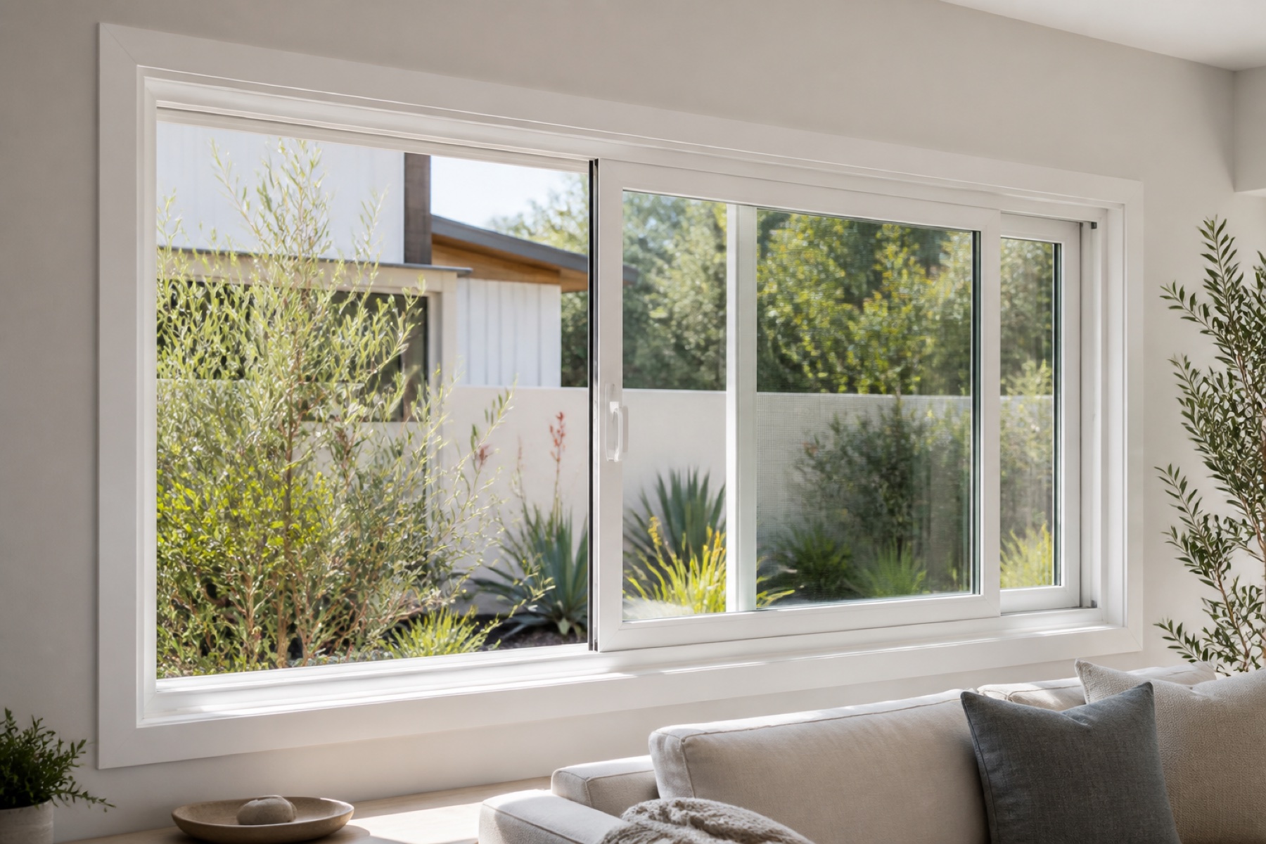 White vinyl horizontal sliding window with one panel open