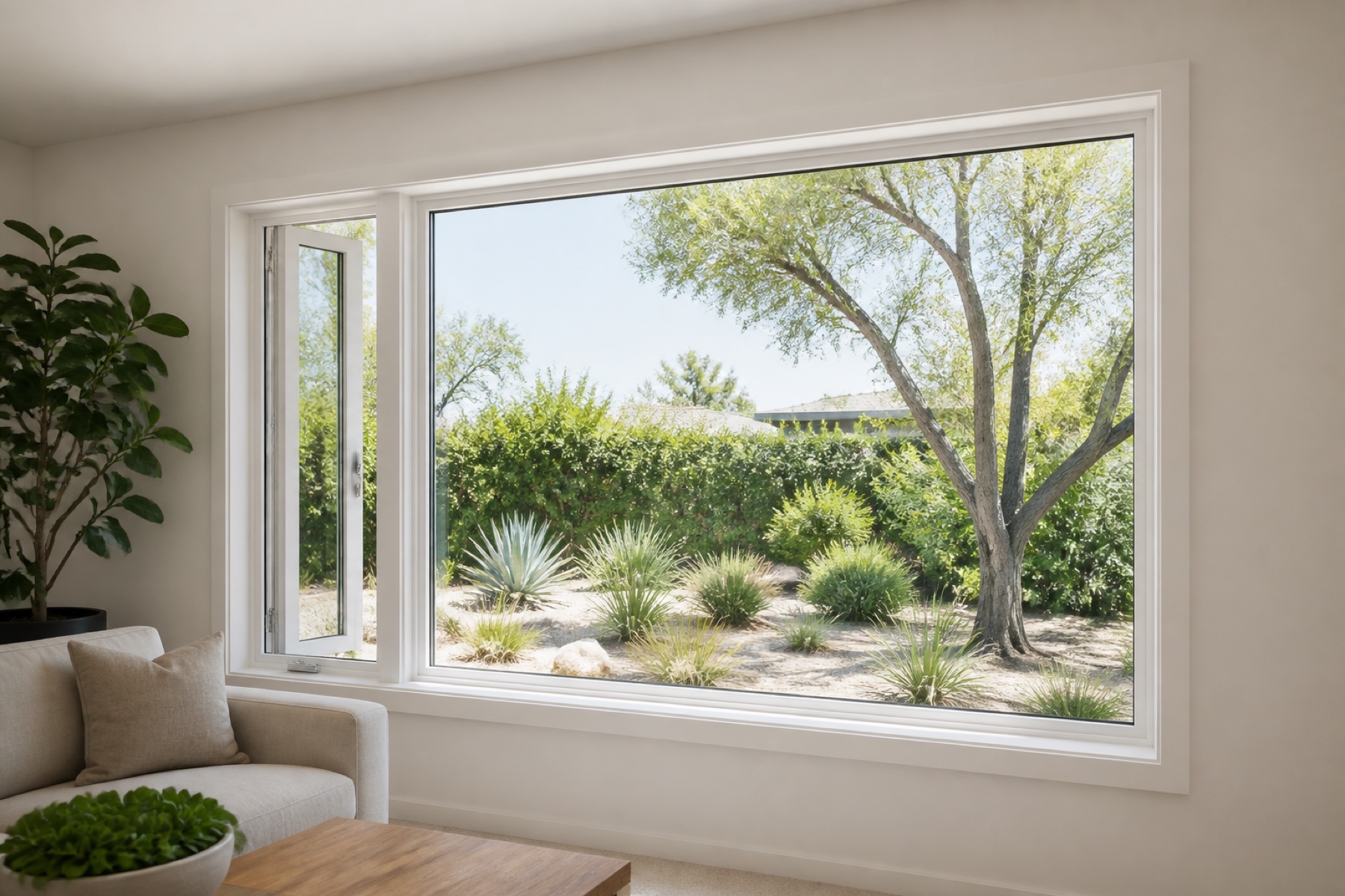 White vinyl picture and casement windows with deep frames in a Los Angeles living room