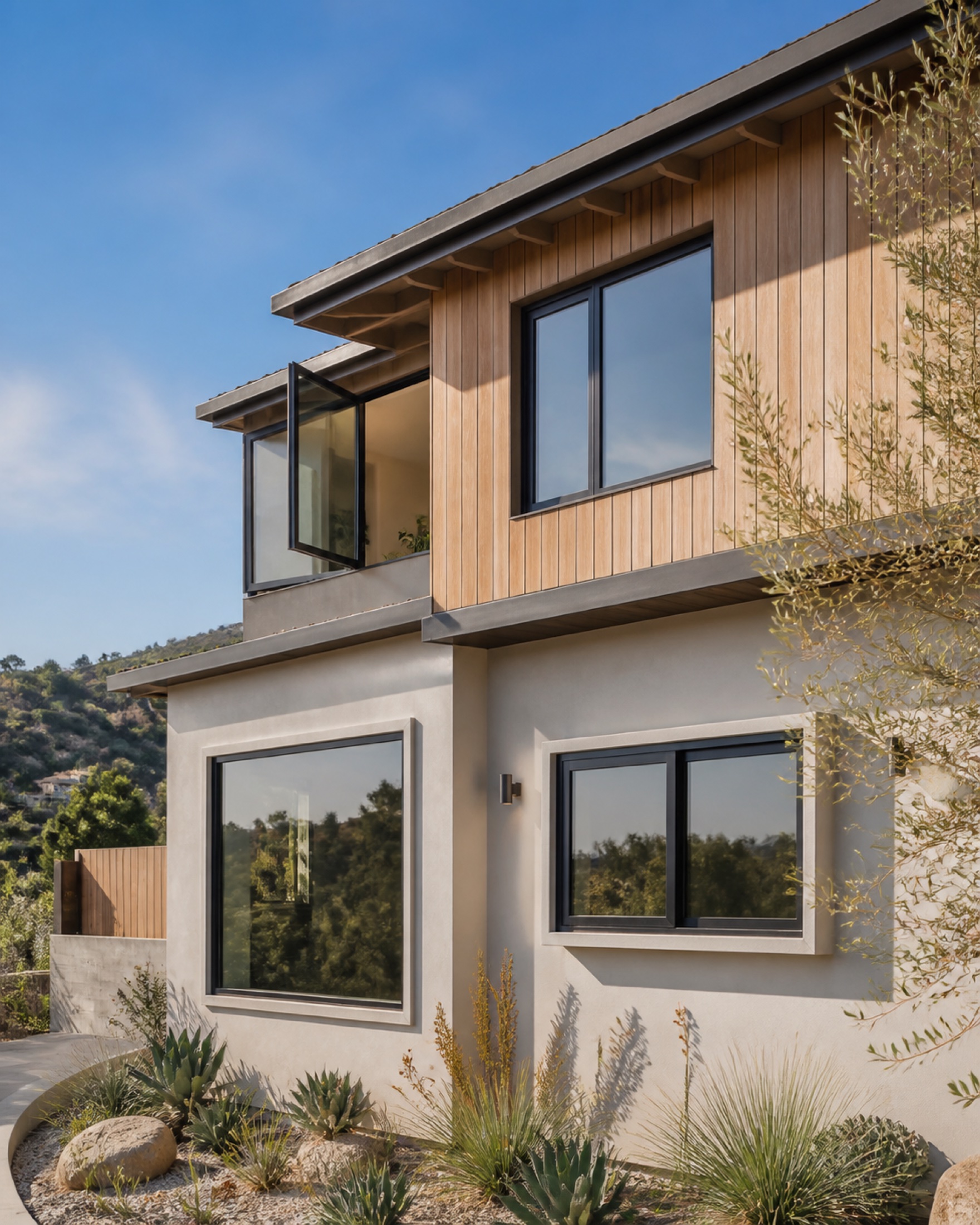 Los Angeles foothill home with several clearly framed residential window styles