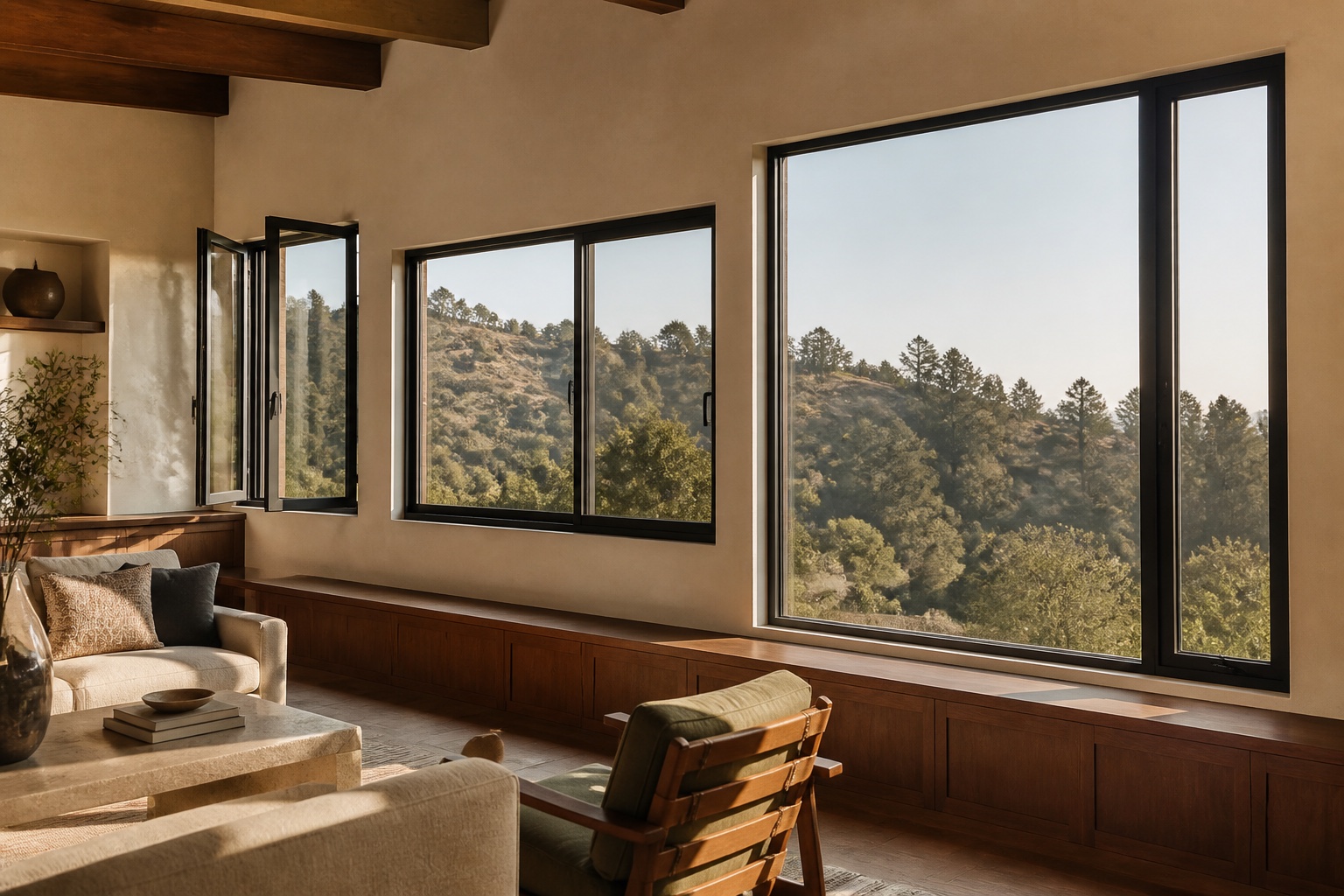 Los Angeles living room with operable casement and sliding windows beside a fixed picture window