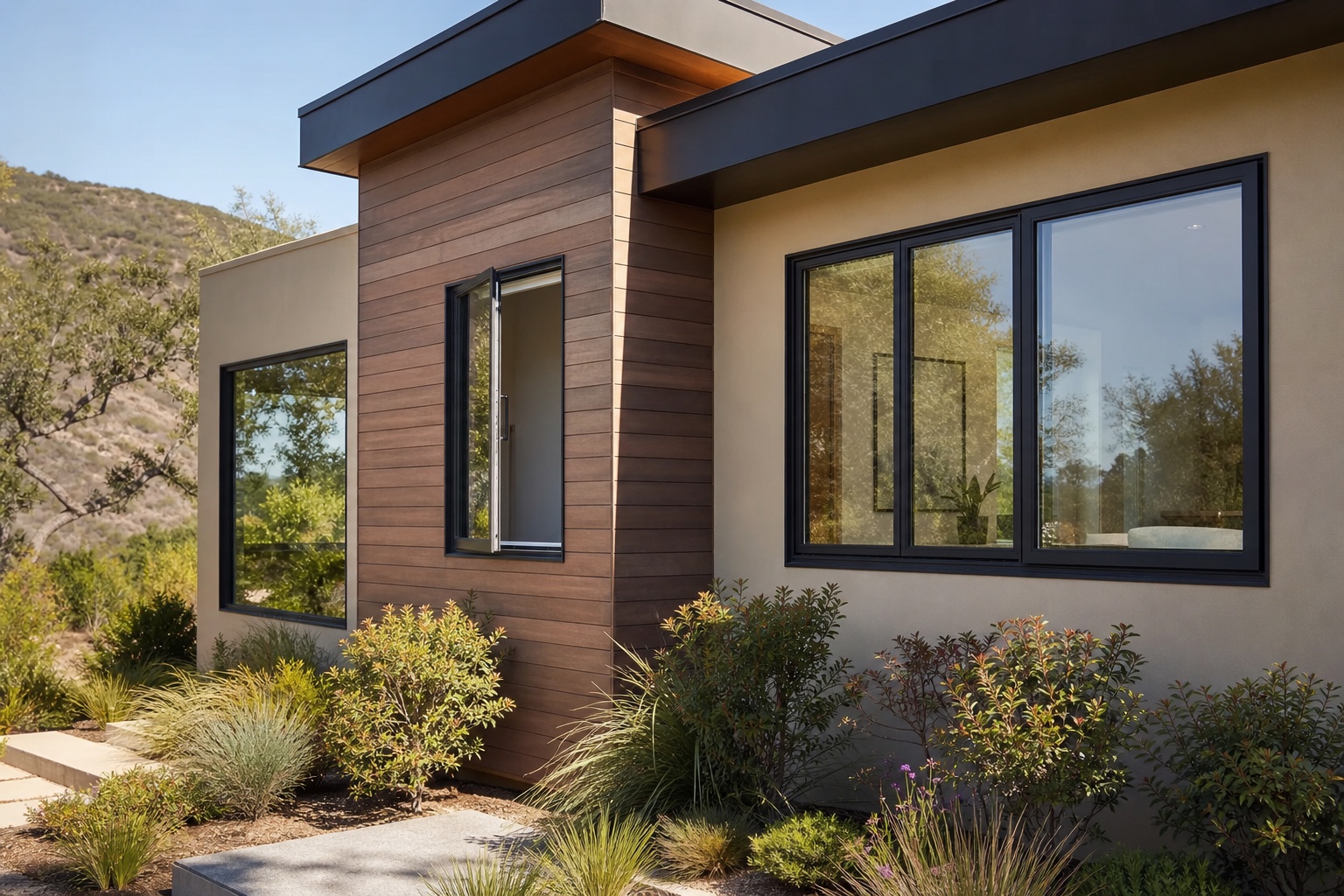 Los Angeles foothill home with picture, casement, and sliding windows in varied proportions