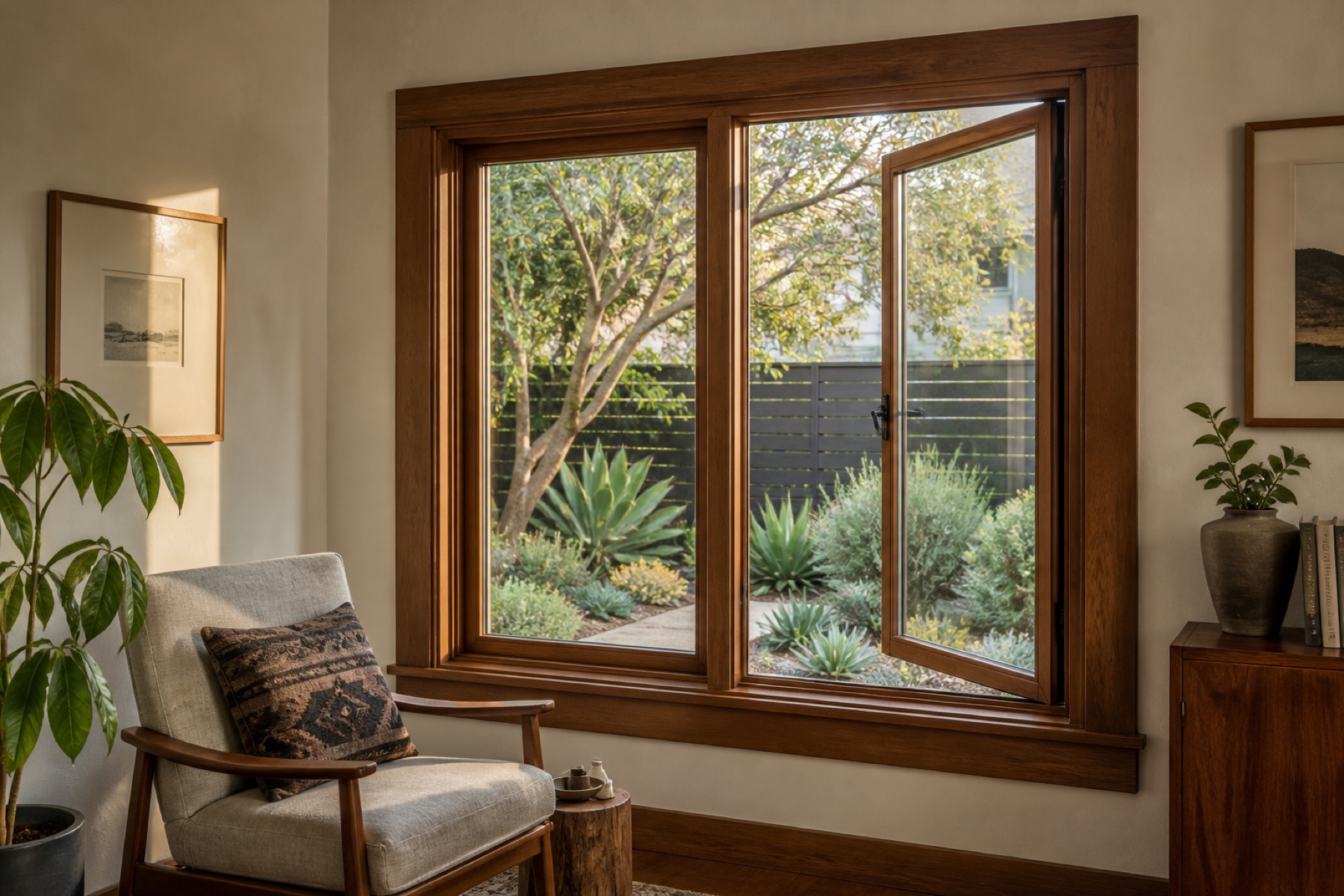 Warm stained wood casement and fixed windows in a California bungalow reading room