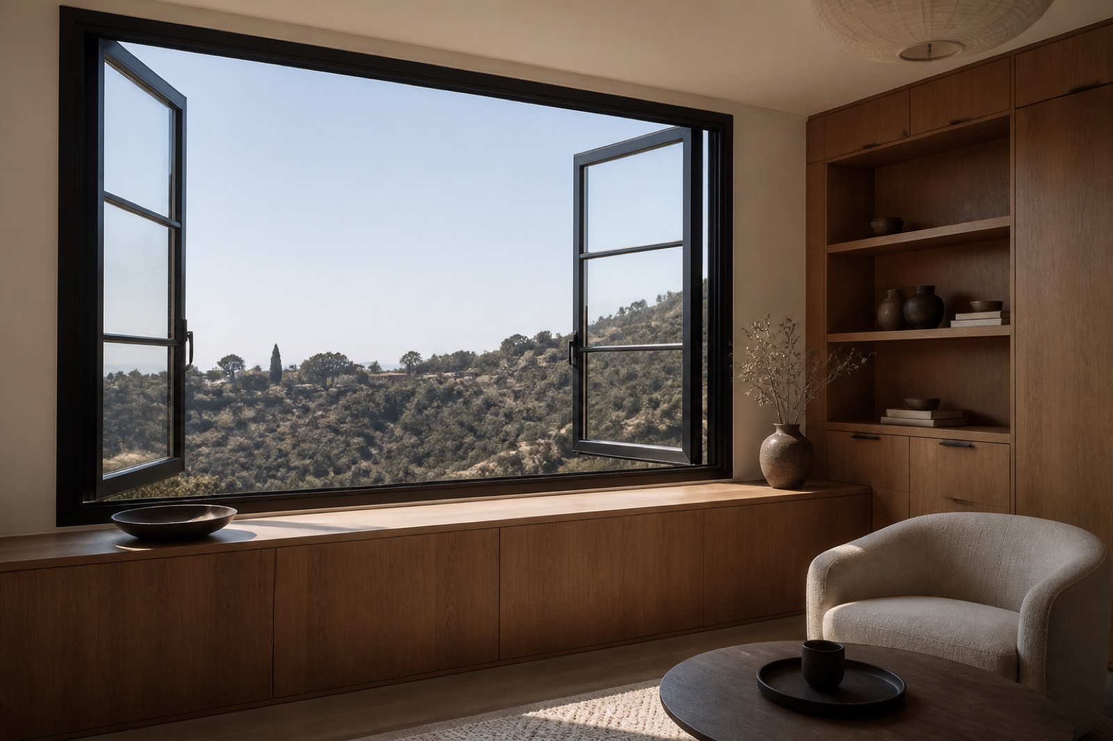 Dark fiberglass casement windows in a refined Los Angeles den