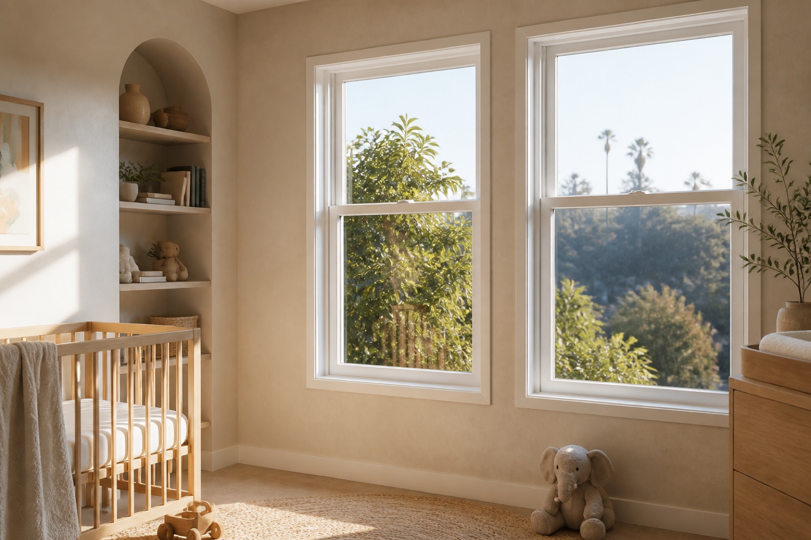 White vinyl single-hung windows in a warm contemporary nursery