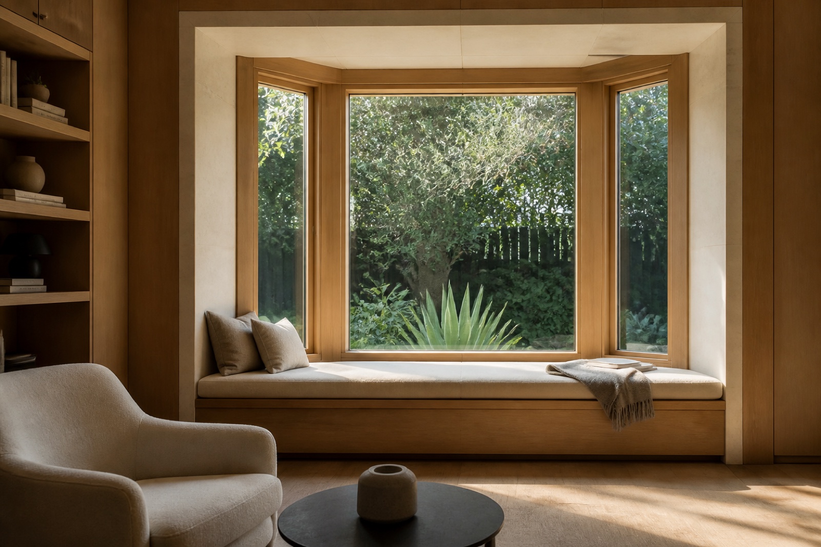 Warm wood-framed bay window with a clean-lined built-in seat
