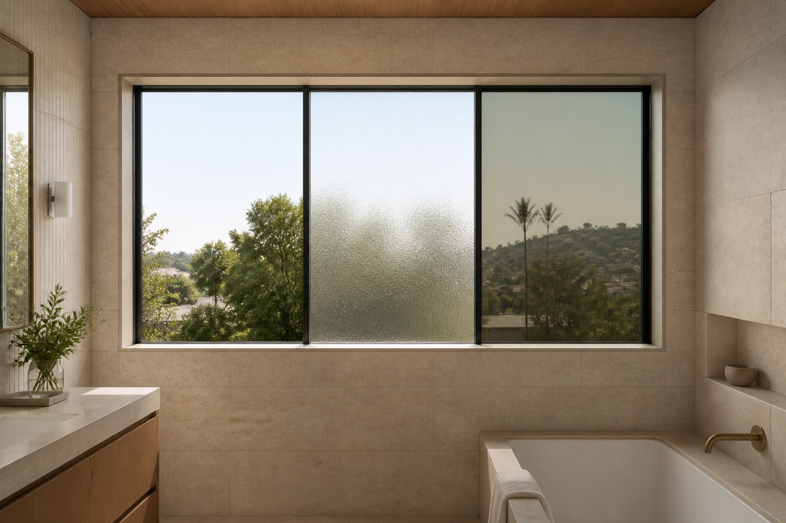 Clear, privacy, and solar-control glass in a refined Los Angeles bathroom
