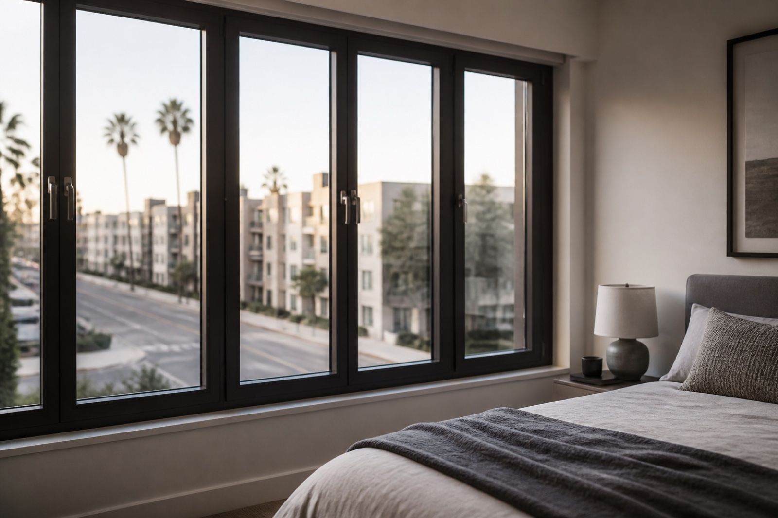 Substantial closed bedroom windows overlooking a softly focused Los Angeles boulevard