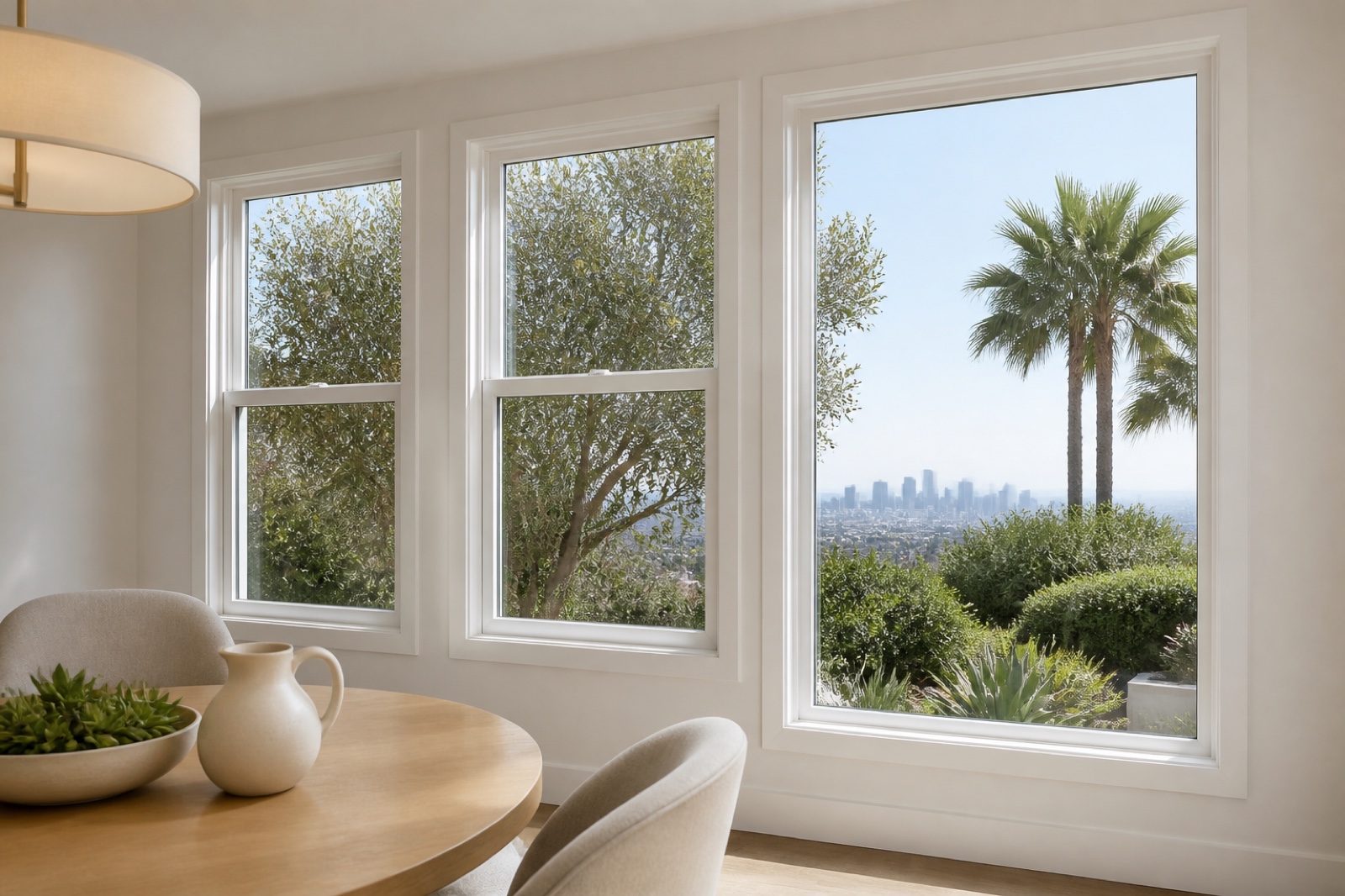 White vinyl hung and picture windows in a bright Los Angeles breakfast room