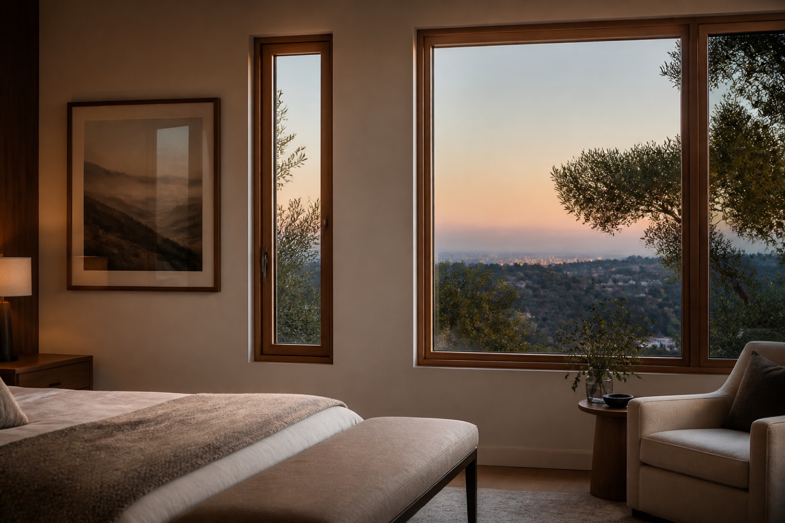 Natural walnut-framed windows in a quiet California-modern bedroom