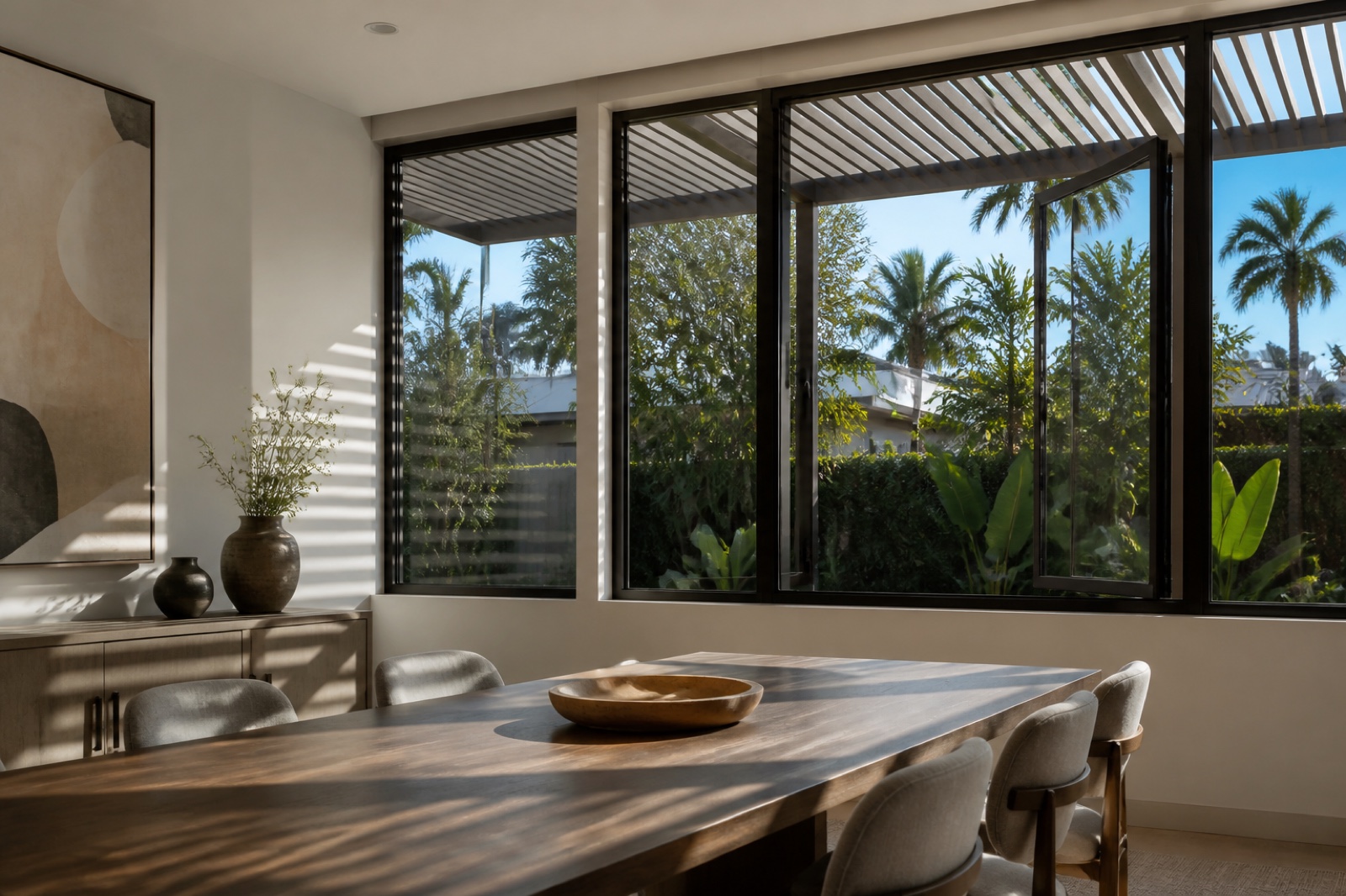 High-performance windows and exterior shading controlling bright Los Angeles daylight