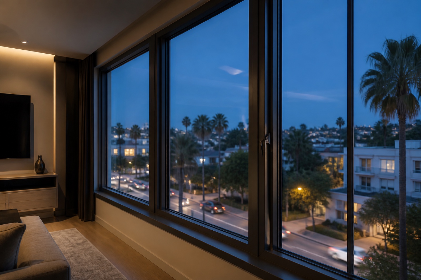 Substantial closed windows in a quiet Los Angeles room at blue hour