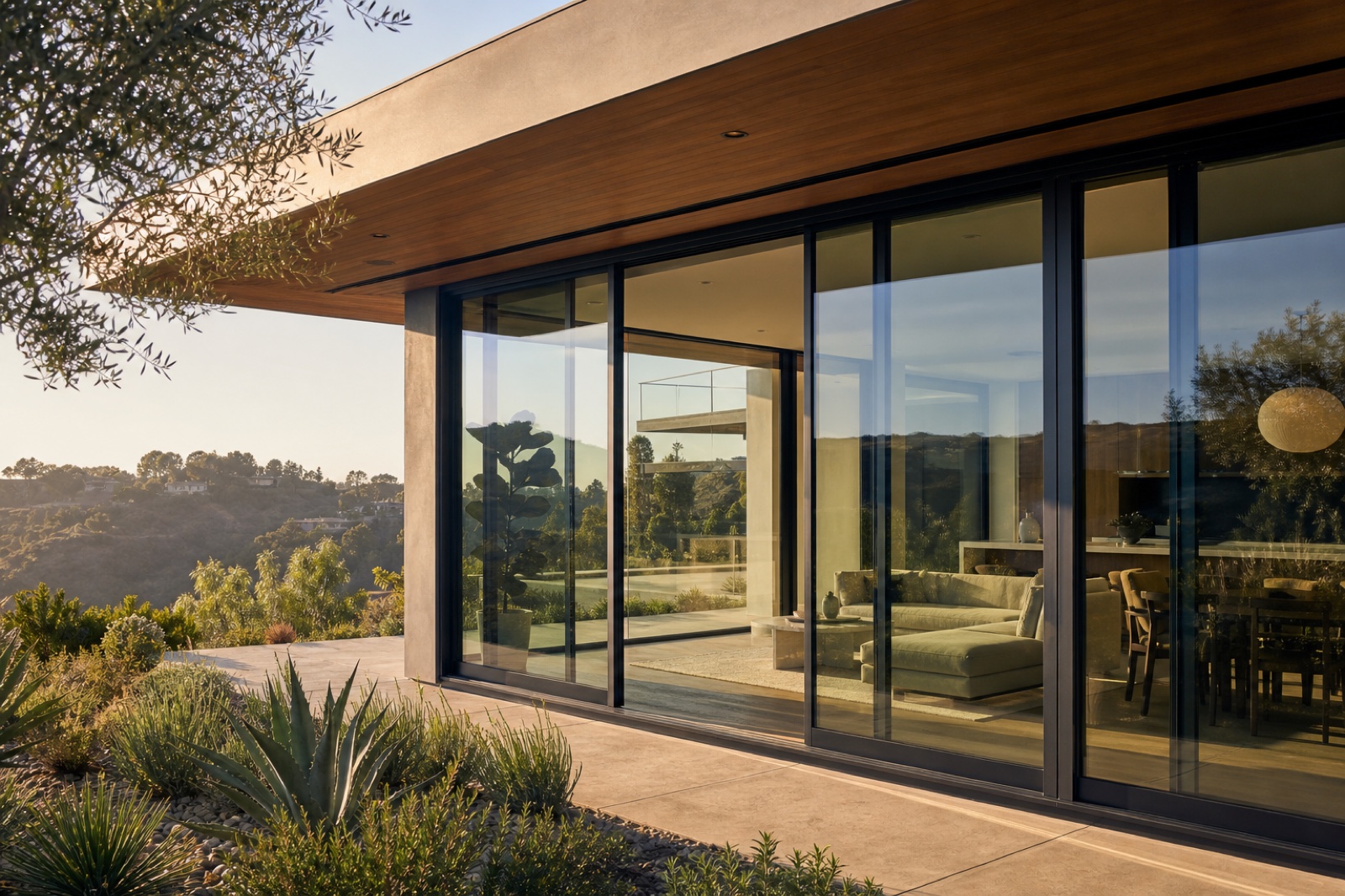 Shaded multi-panel sliding doors managing strong afternoon sun at a hillside home