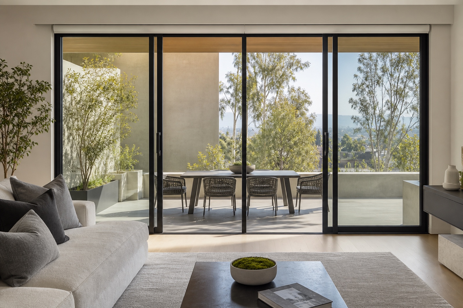 Modern sliding glass doors with realistic low-e reflections in a Los Angeles living room