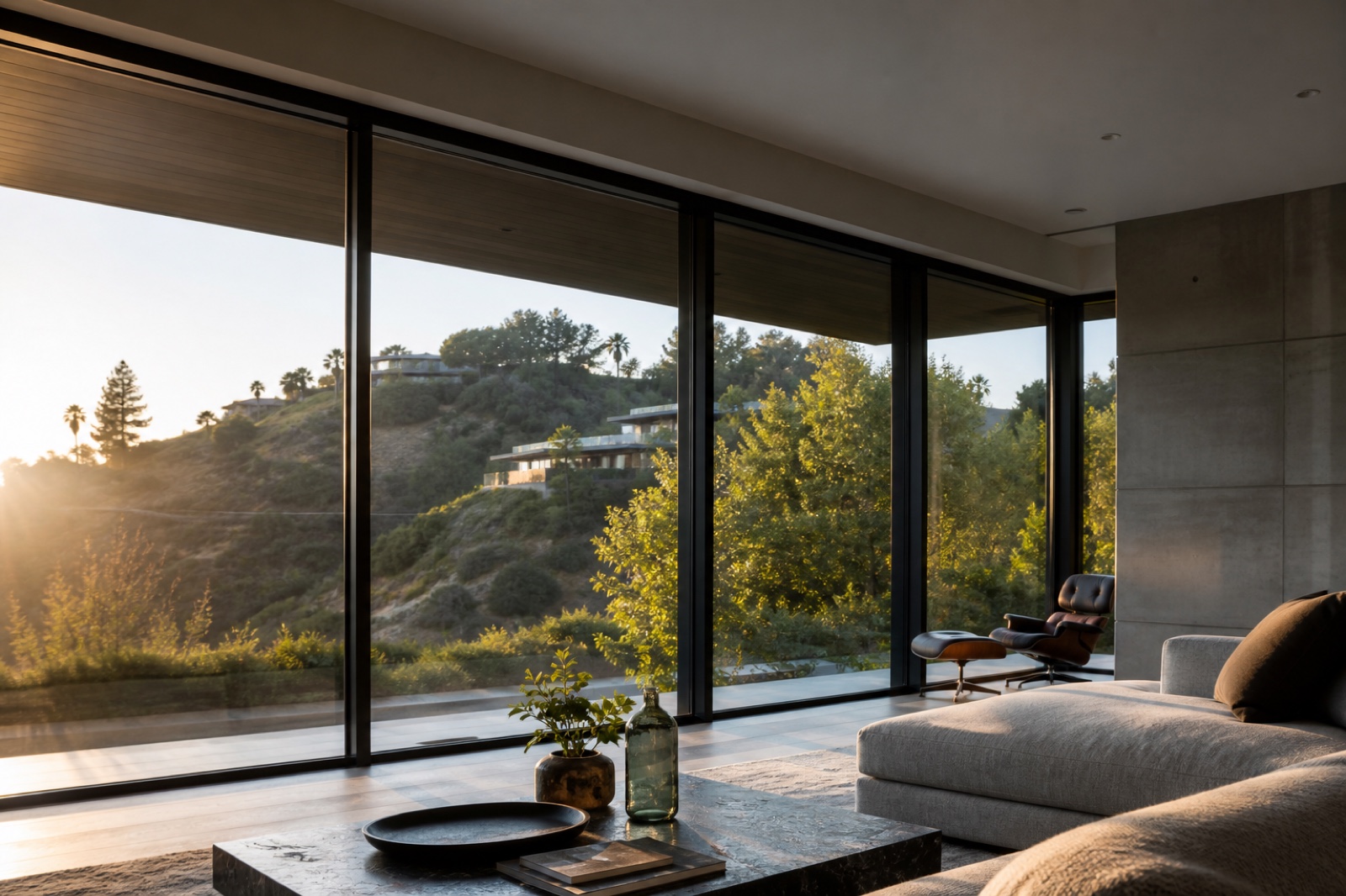 High-performance windows shaded from strong western sun in a Los Angeles living room