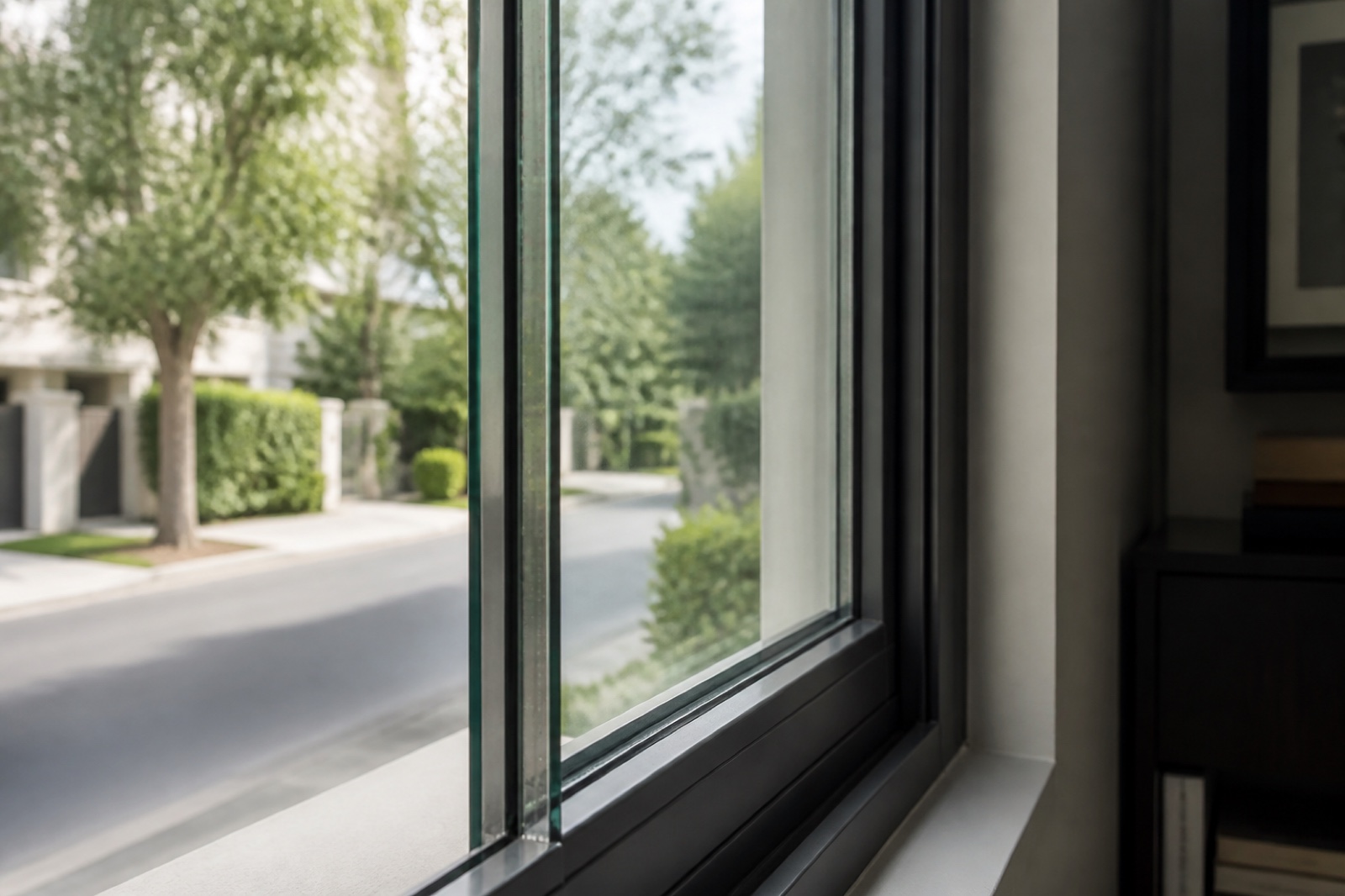 Close architectural view of layered insulated glass in a substantial window frame