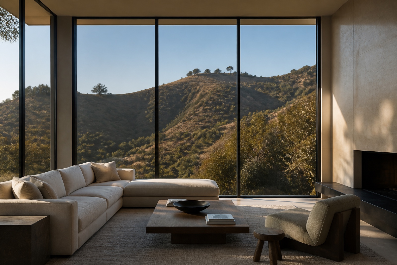Narrow-profile aluminum windows framing dry hillside landscaping