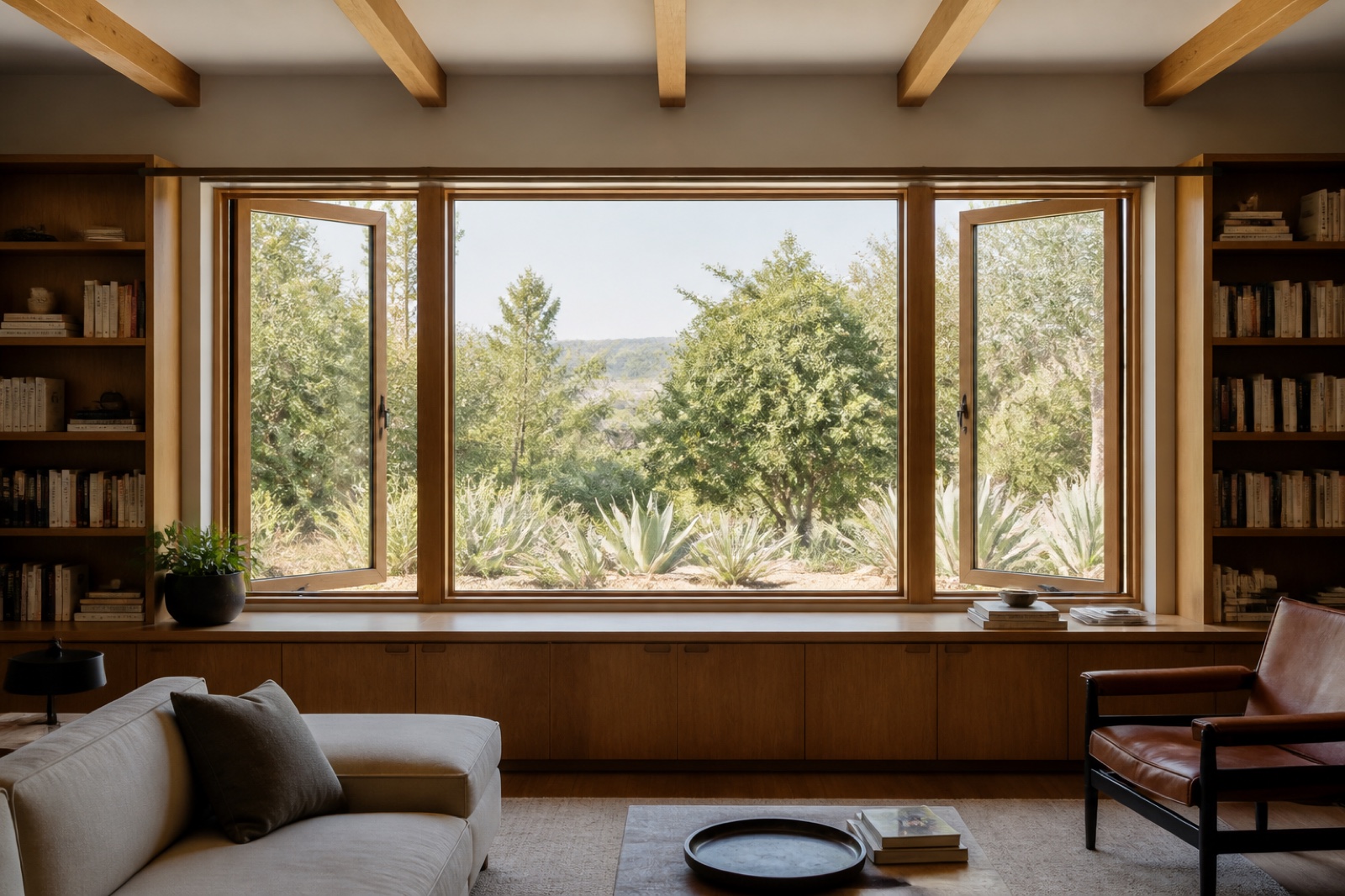 Warm oak picture and casement windows in a modern Los Angeles library