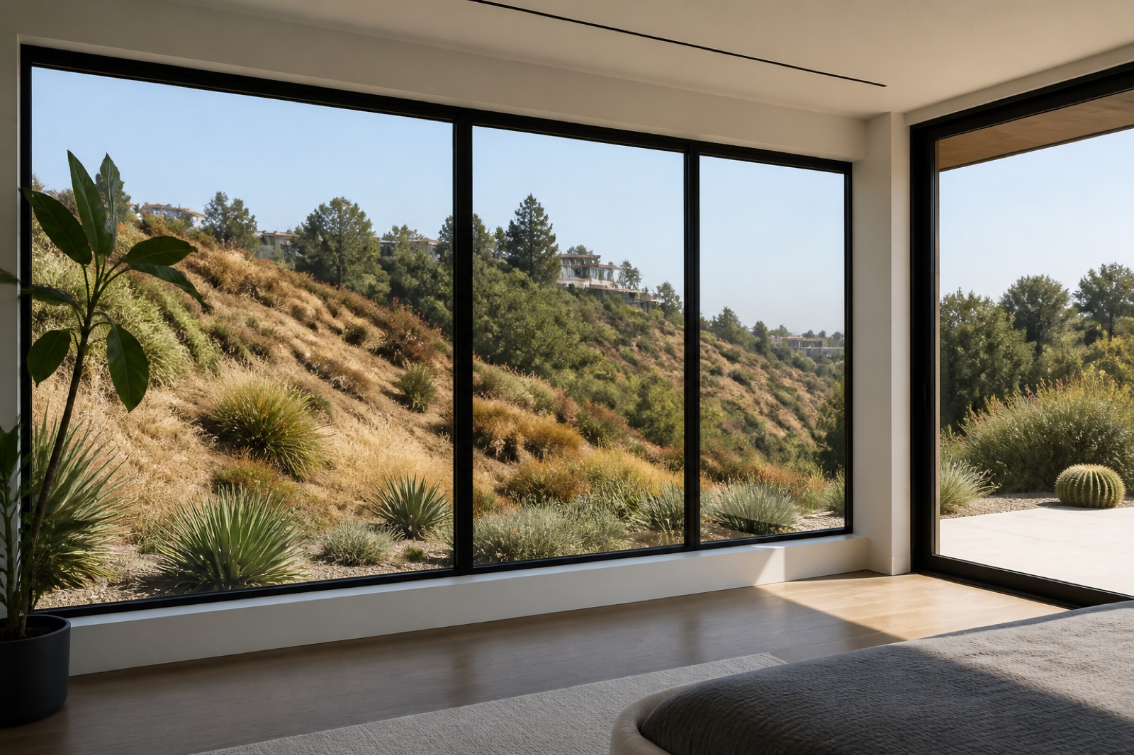 Broad dark aluminum windows with narrow sightlines facing native hillside landscaping