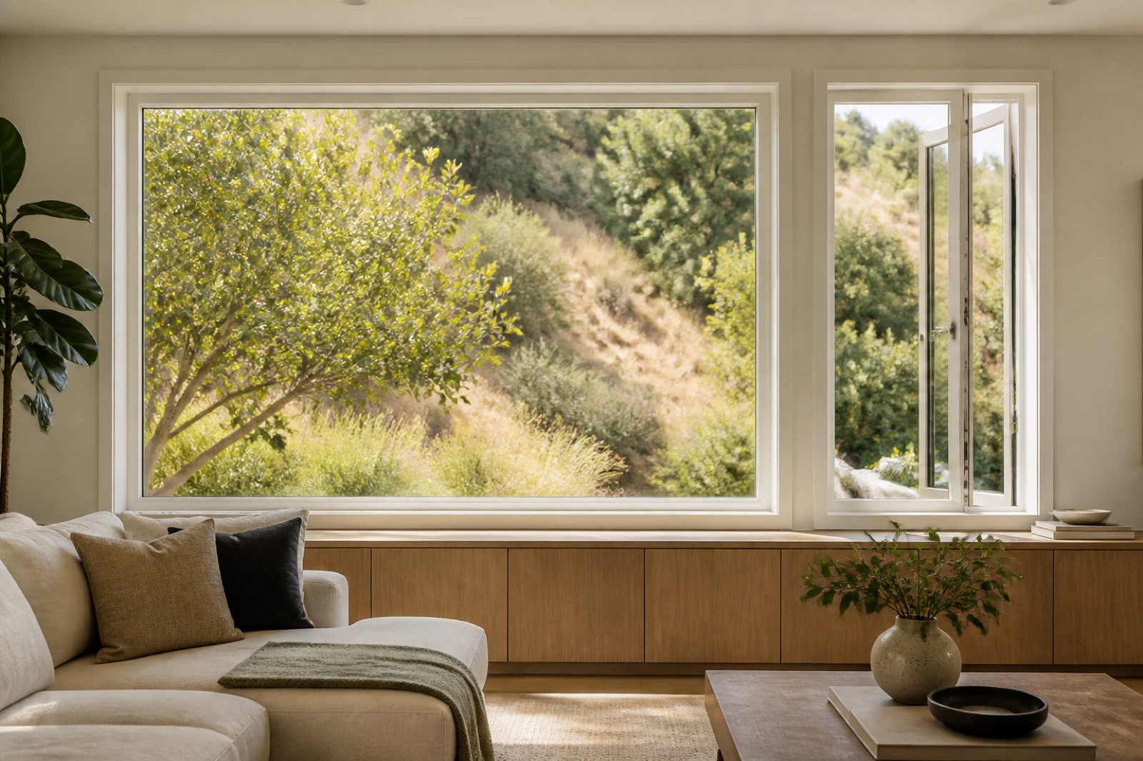 White vinyl picture and casement windows framing a dry Los Angeles hillside