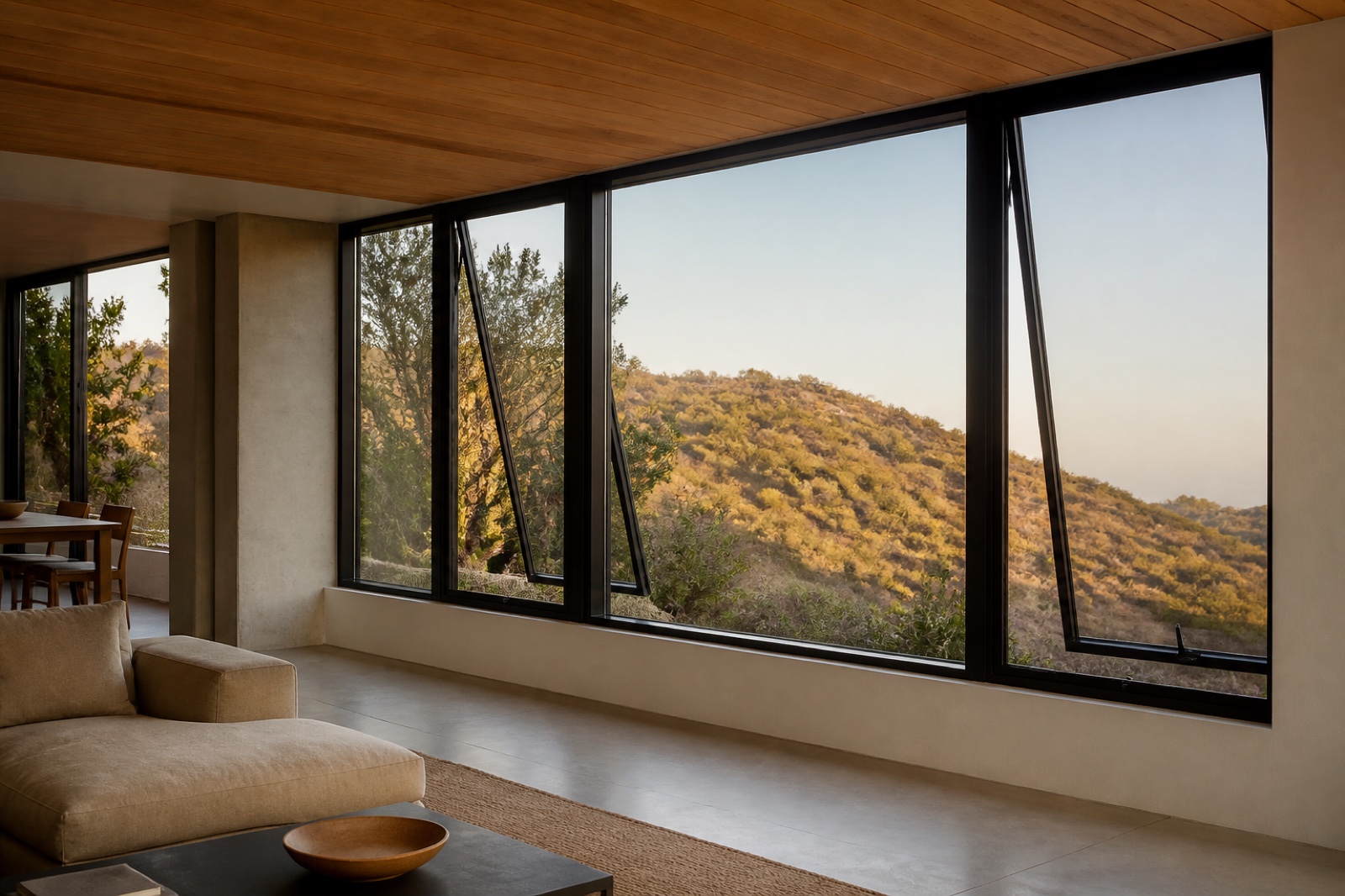 Black aluminum picture and awning windows framing a dry Los Angeles hillside