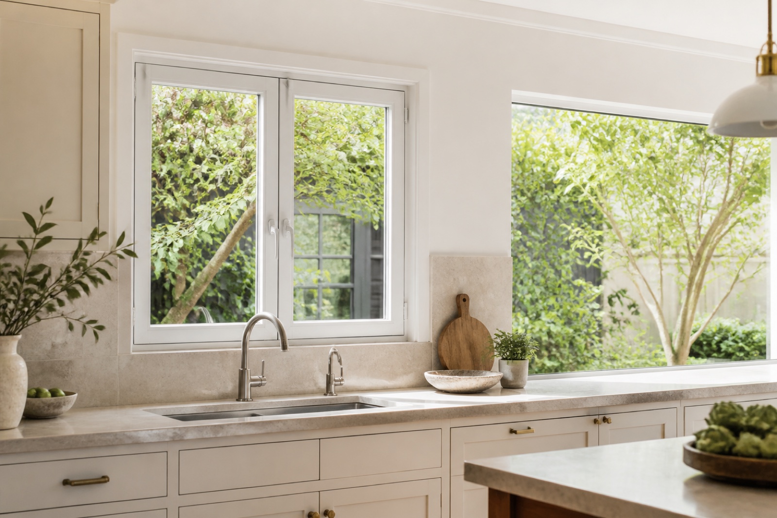 White vinyl casement and picture windows in a remodeled Los Angeles kitchen